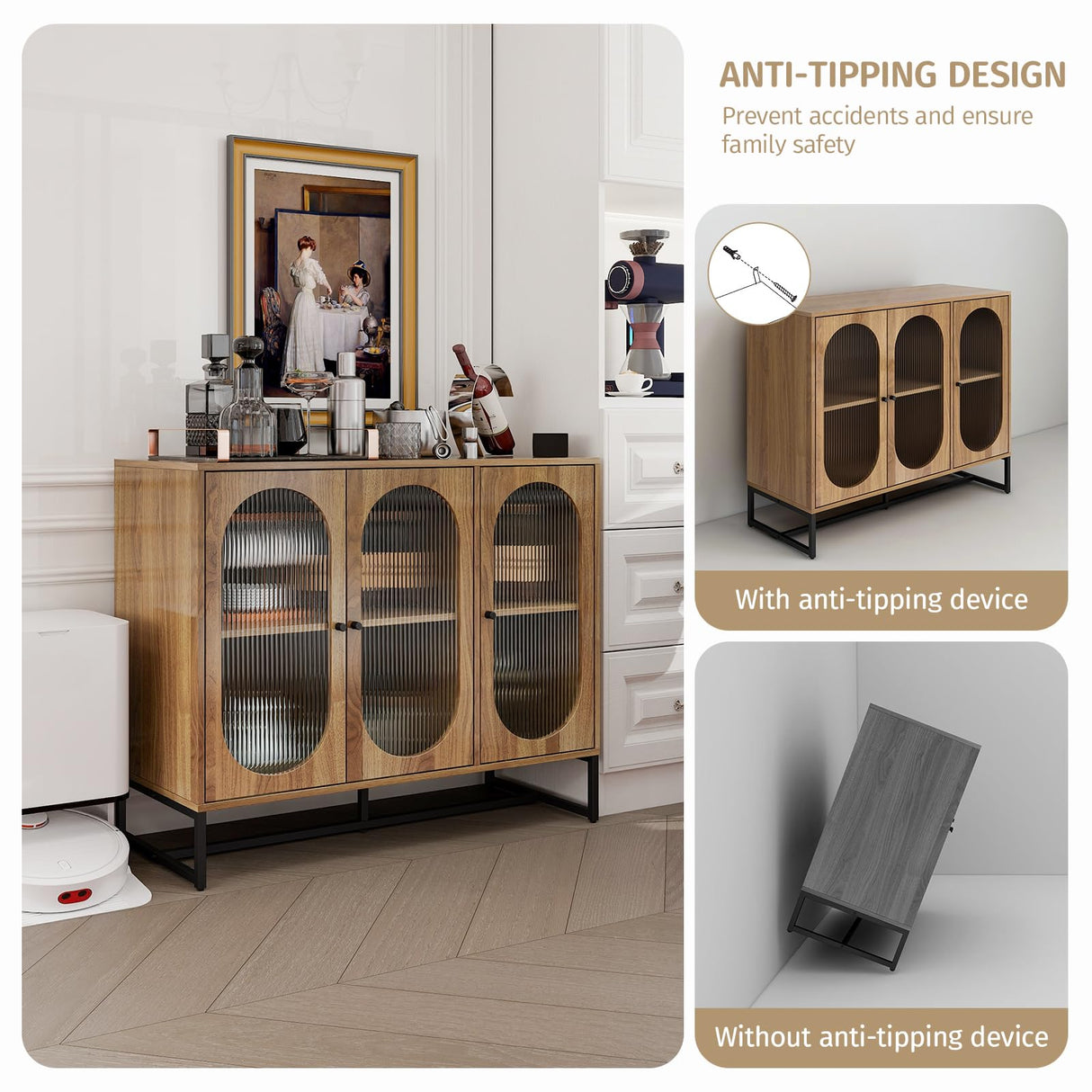 YHAOWORKS Sideboard Buffet Cabinet with Storage - Modern Fluted Glass 3 Doors Accent Storage Cabinet with Metal Legs, Wood Credenza for Living Room (Walnut 1PC) YHAOWORKS