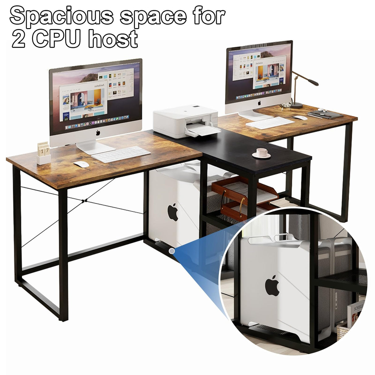 Natwind Two Person Desk with Storage Shelves, 92.5" Double Computer Desk with PC case Stand for Home Office, Home Craft Table Workstation, Heat Press Table, Long Gaming Desk,Retro Natwind