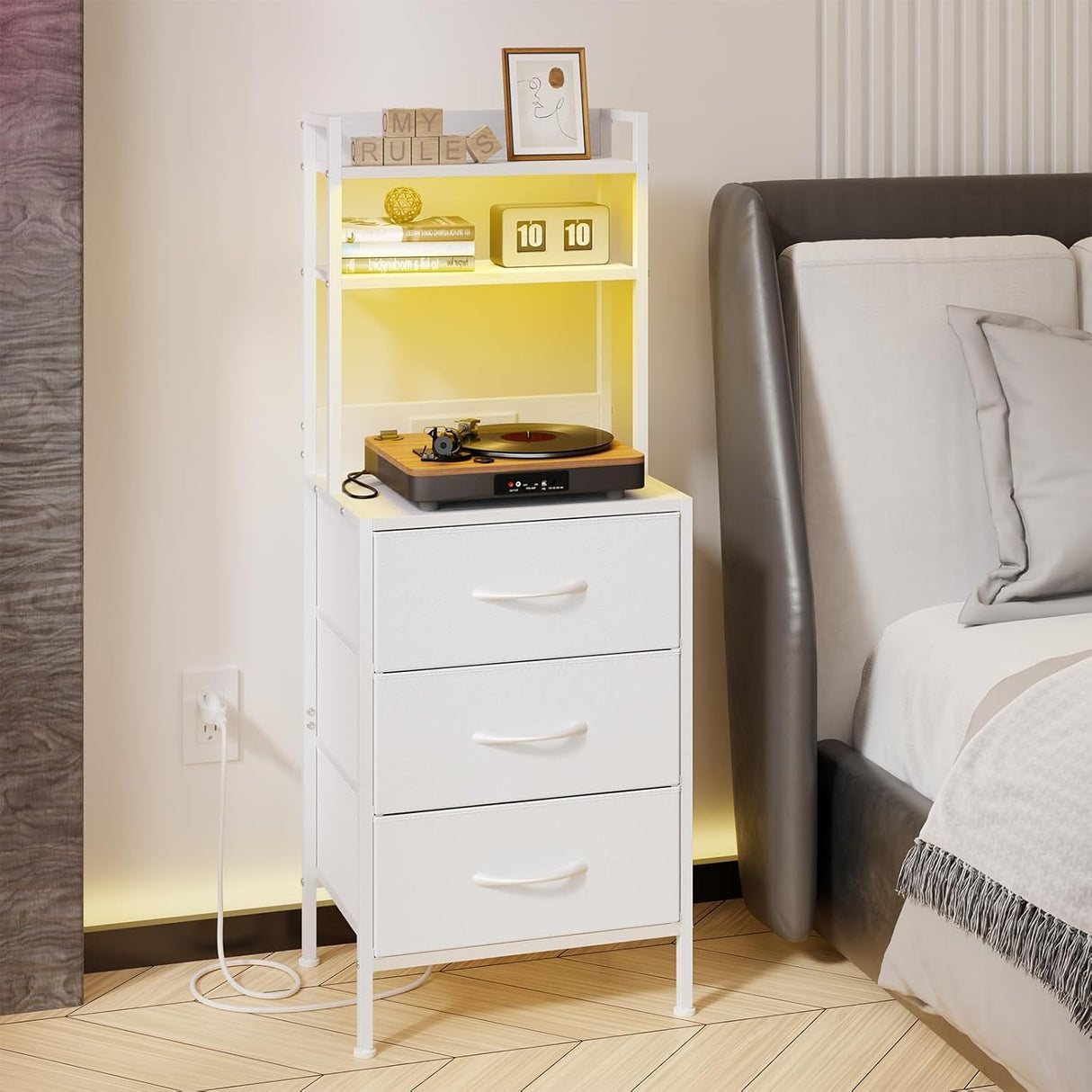 SUPERLELE Tall Nightstand with Charging Station, 41 Inch Led Night Stand with U-S-B Port & Socket, 3 PU Finished Fabric Storage Drawers, Office, Bed Side Table & Bookshelf in One, White SUPERLELE