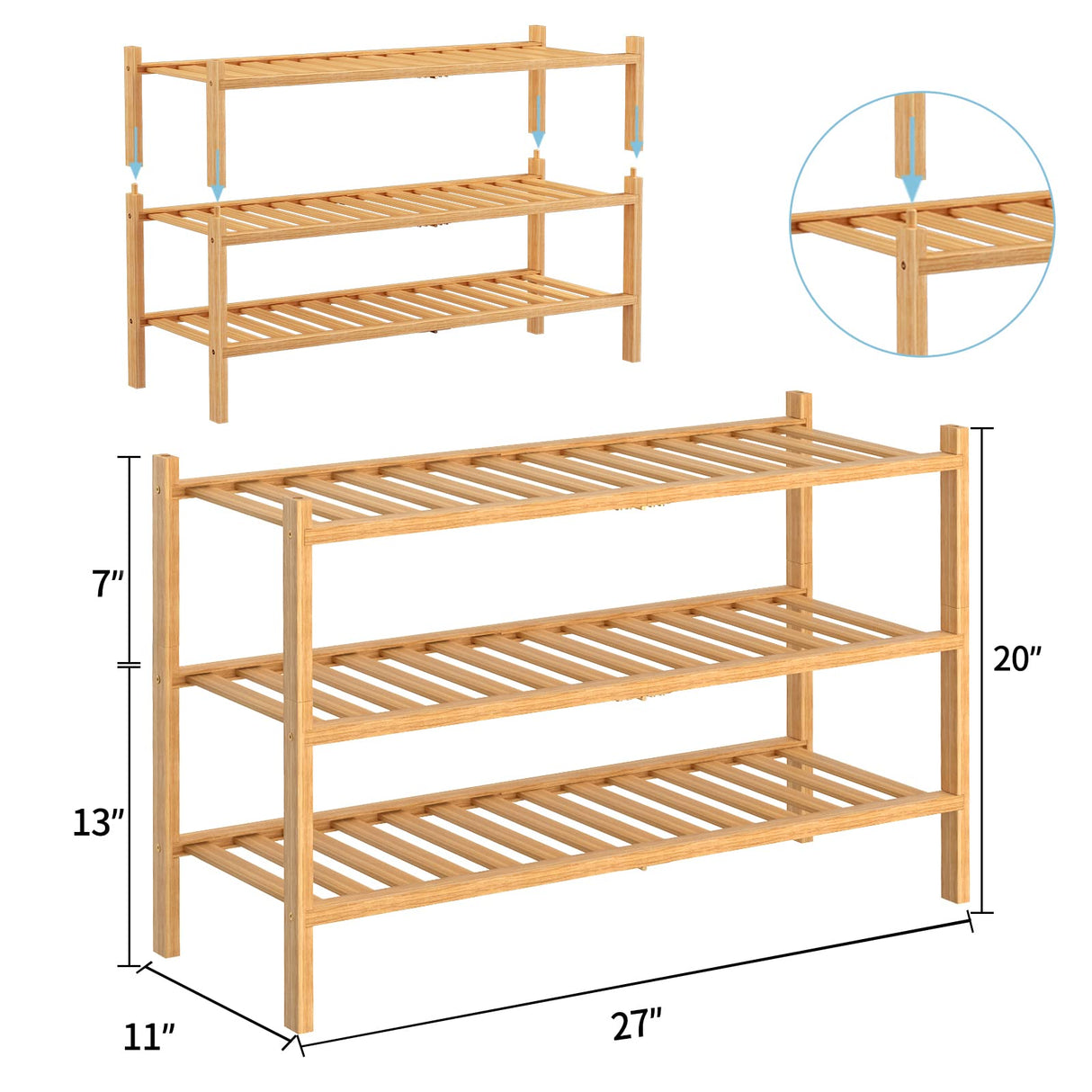 RONGJIA 3 Tier Bamboo Shoe Rack for Closet Free Standing Wood Shoe Shelf Storage Organizer for Entryway Small Space Stackable, Natural RONGJIA