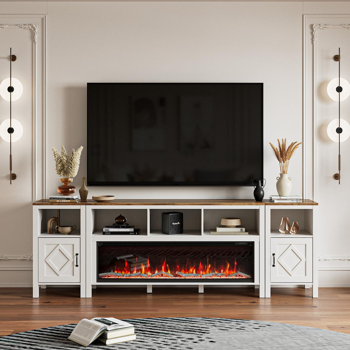 BVIUNTWO Fireplace TV Stand for TVs Up to 110 Inch,Farmhouse Entertainment Center with 60" Electric Fireplace,White TV Console with Storage Cabinets for Living Room,Bedroom BVIUNTWO
