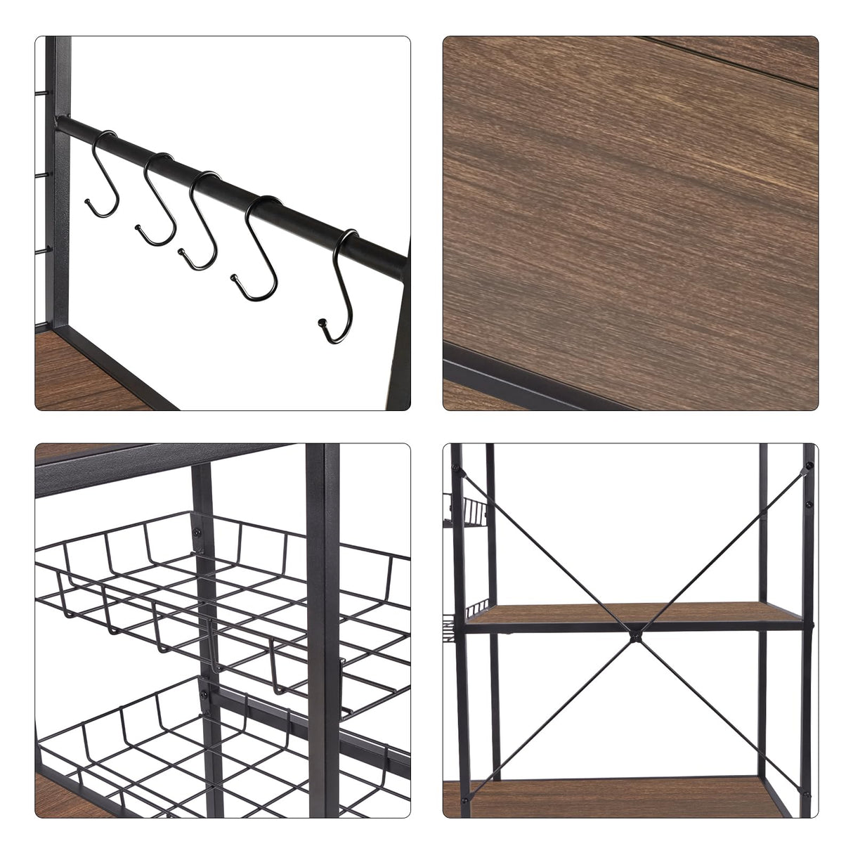 fusehome Bakers Rack with Power Outlet, Microwave Stand with Storage, Coffee Bar Organizer Cabinet with Wire Basket, Kitchen Shelf for Spices, 10 Hooks, Industrial, Brown fusehome