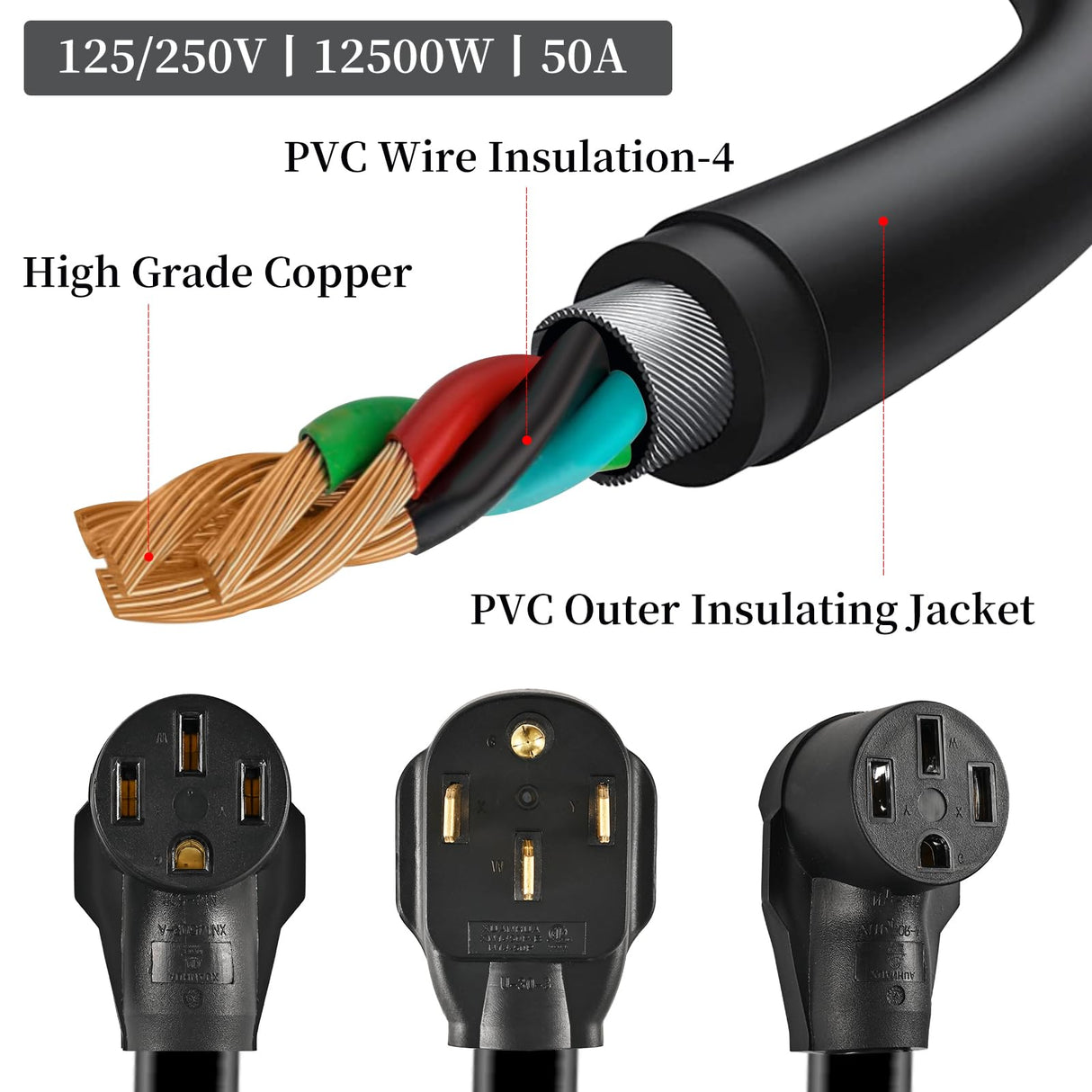 iFwevs 3FT 14-50P 4 Prong Splitter,14-50R Female Receptacle,6/3, 8/1 STW AWG Flexible Cable/14-50 Y Split Plug 50AMP RV Extension Cord Adapter iFwevs