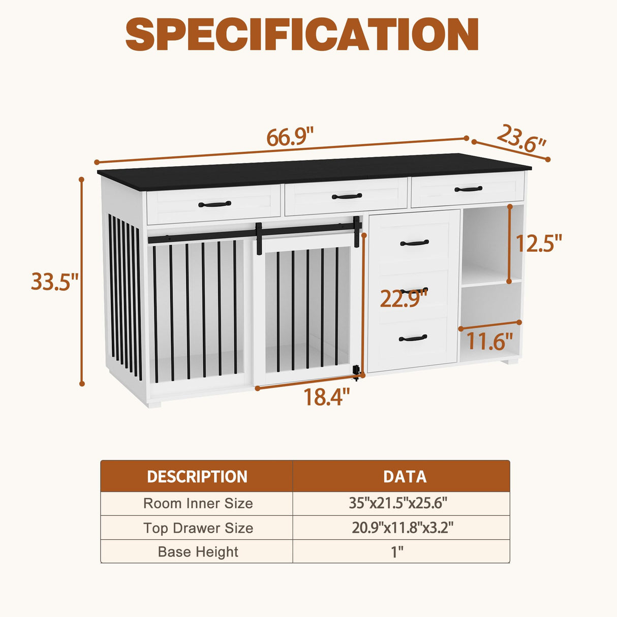 Lovinouse Large Dog Crate Furniture, 67" Wooden Dog Crates Kennel Furniture with Sliding Door, Storage Shelves and Drawers for Small, Medium and Large Dog, White+Black Tablet Lovinouse