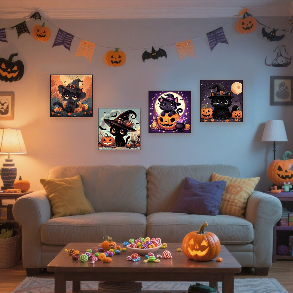 cviokrdu 4 Pack Paint by Numbers Kit for Kids with Frame-Wooden Easel, Halloween Paint by Numbers for Kids Ages 4 8 12, Easy Black Cat Acrylic Oil Painting Kits for Home Wall Decoration 8x8 inch cviokrdu