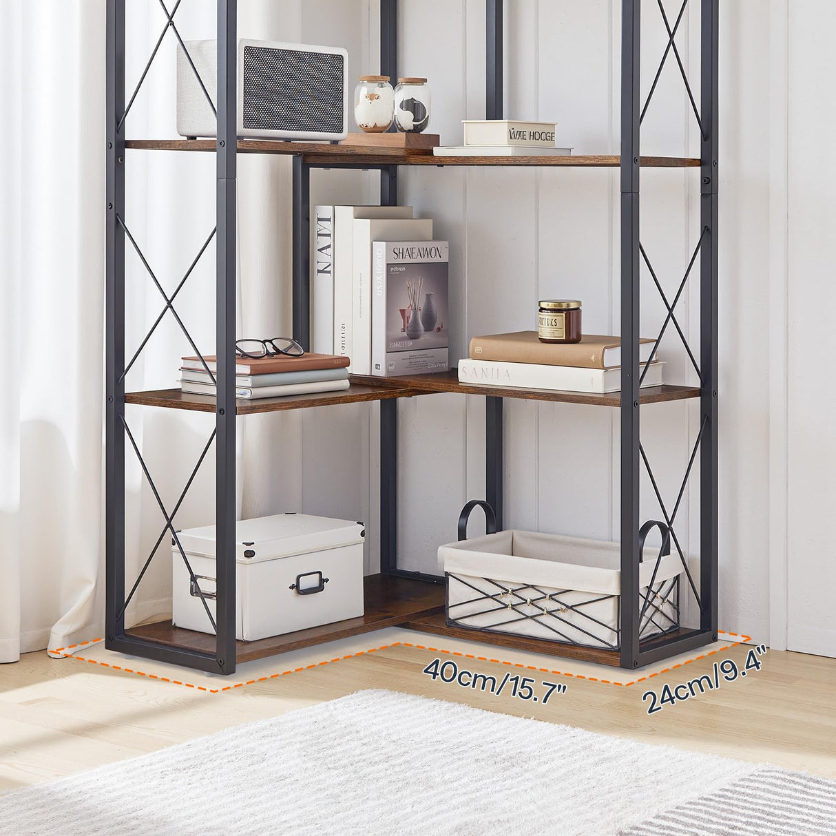 HOOBRO Corner Bookshelf, 5-Tier Industrial Corner Bookcase, Open Display Storage Rack, Vertical or L-Shaped, for Office, Living Room, Bedroom, Rustic Brown and Black BF66SJ01 HOOBRO