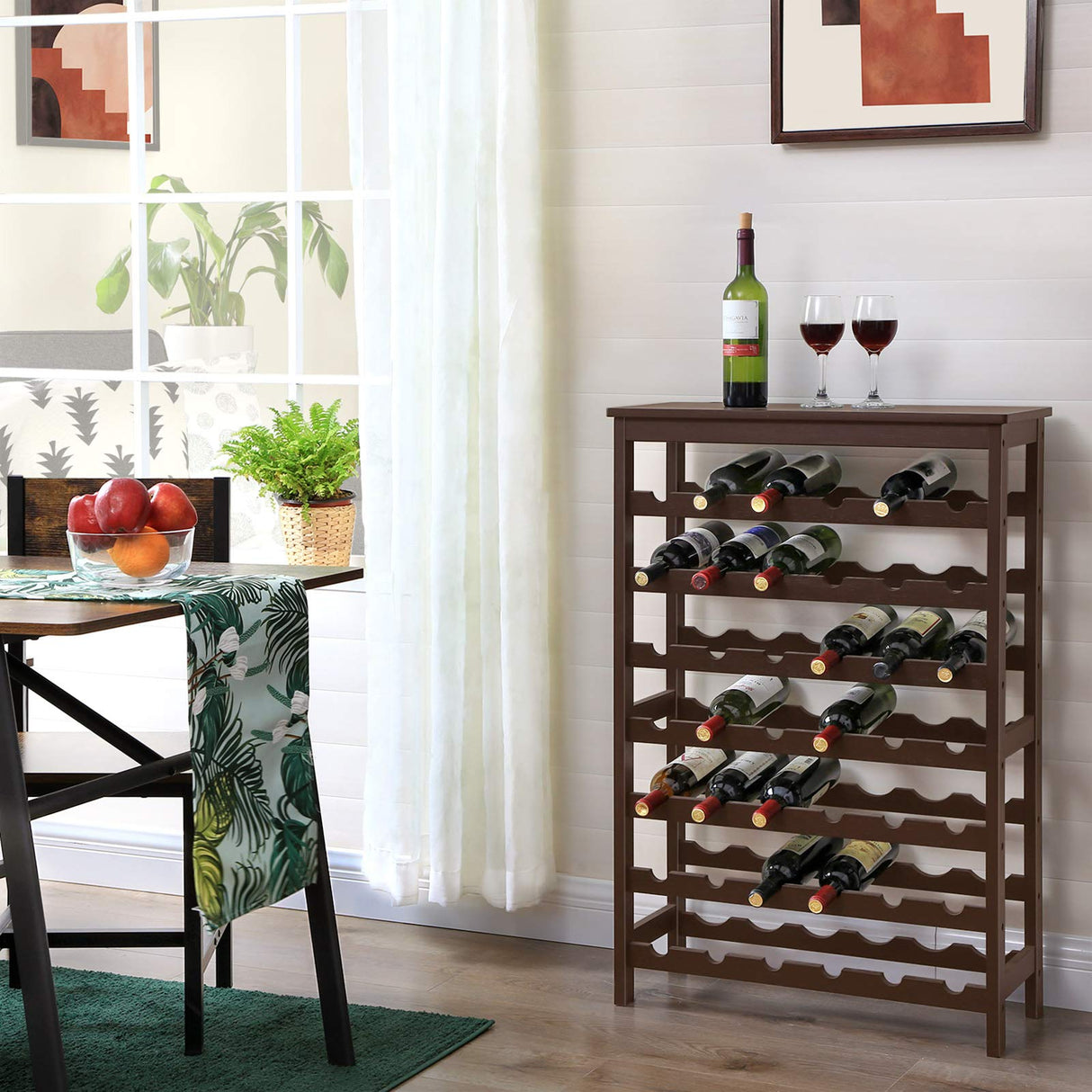 SONGMICS 42-Bottle Wine Rack Free Standing Floor, 7-Tier Display Wine Storage Shelves with Table Top, Bamboo Wobble-Free Bottle Holder for Kitchen SONGMICS