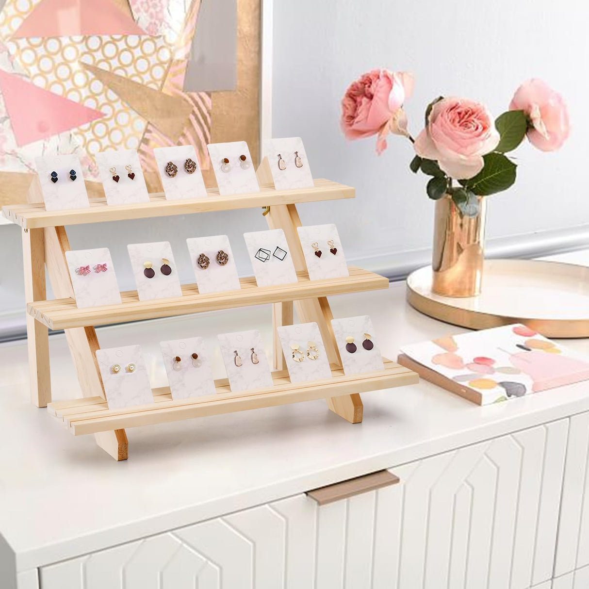 Coloch 3 Tier Wooden Cupcake Stand, Rustic Retail Display Riser Jewelry Holder Stand, for Cupcakes, Desserts, Brooch, Bracelet, Tabletop Jewelry Display, 15.8 x 9x 10.2 Inch Coloch