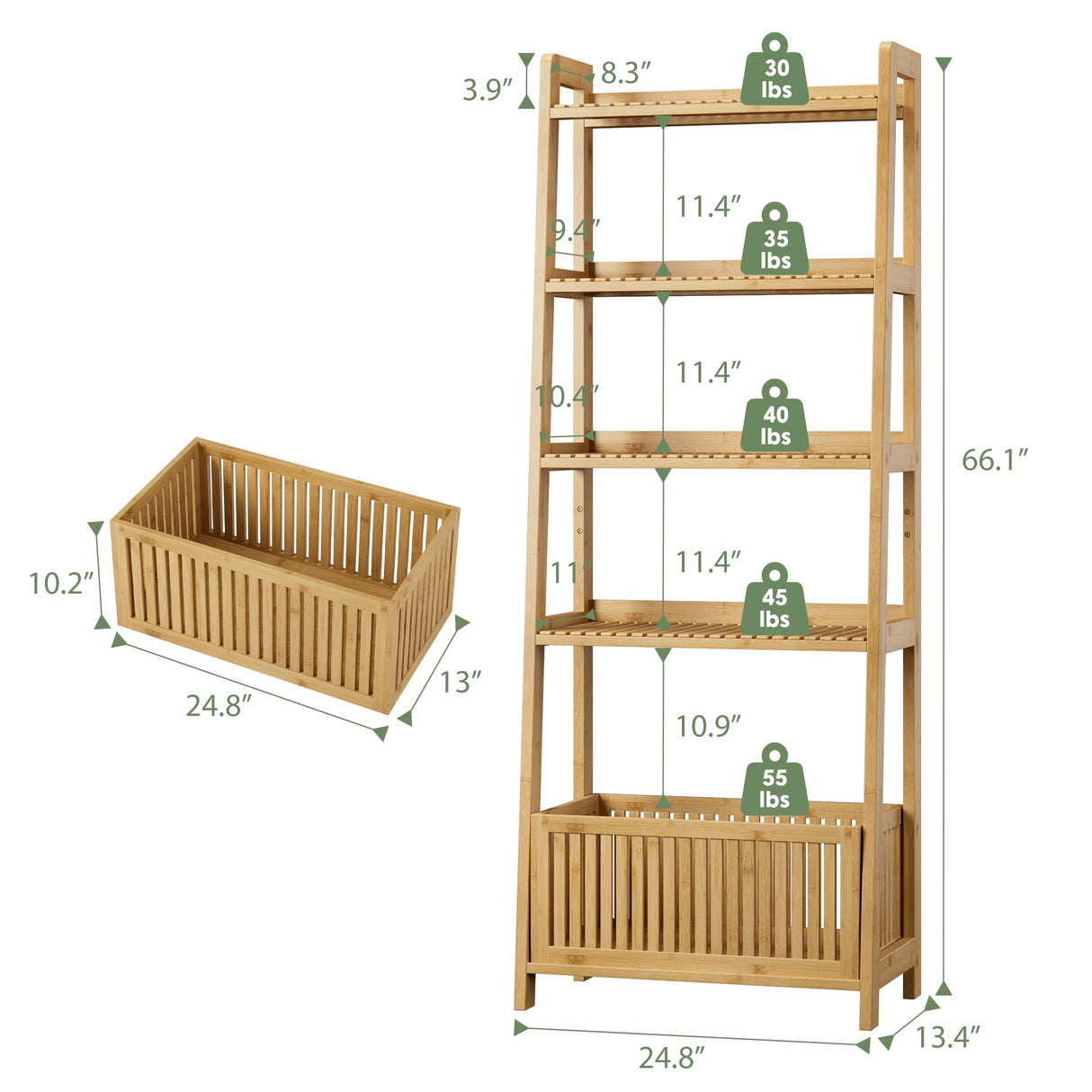 Bamjoy Bamboo Ladder Shelf, Bookshelf with 4 Display Shelves and 1 Open Storage Basket, Multifunctional Storage Rack Organizer for Home Office, Bedroom, Living Room, 66” H Natural Bamjoy