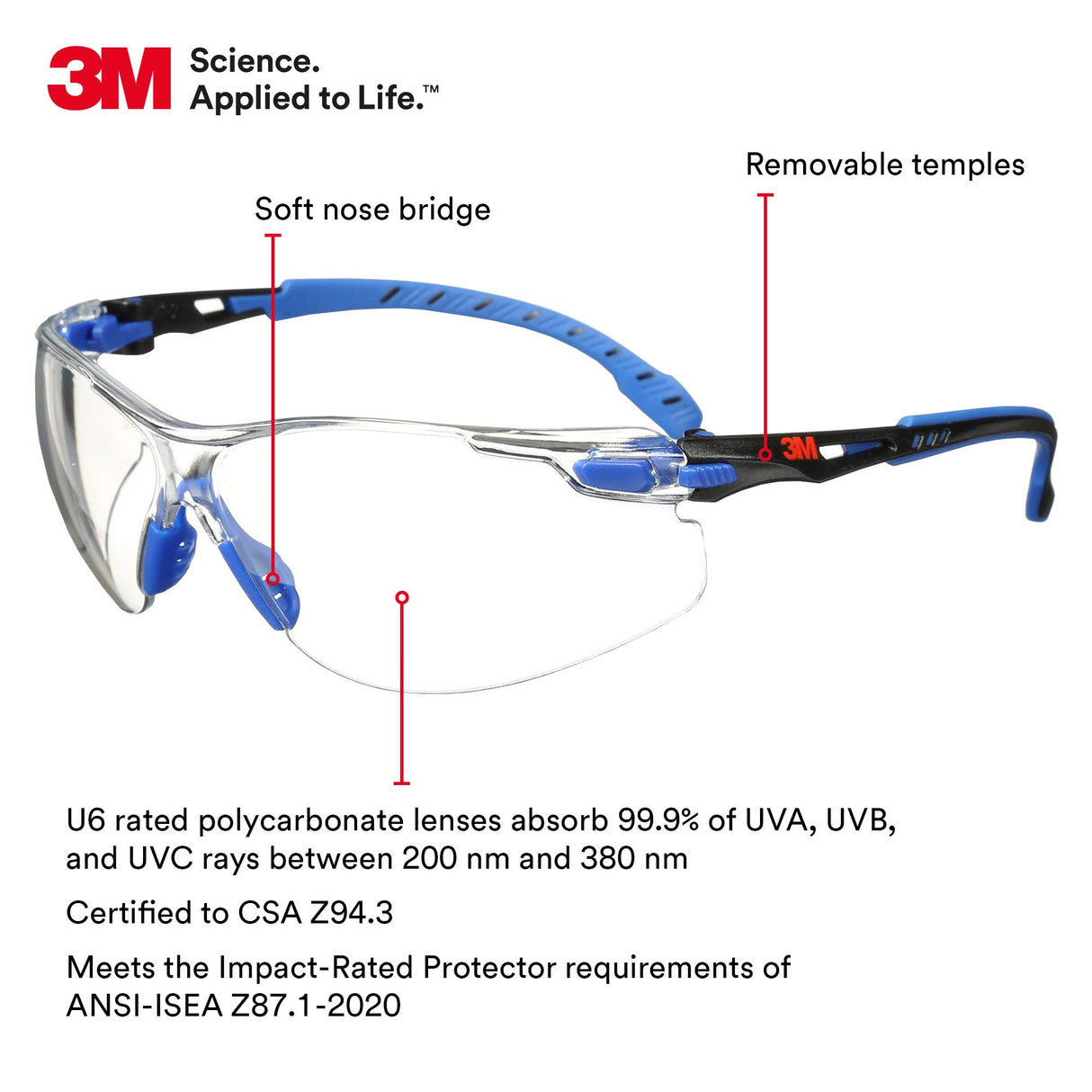 3M Safety Glasses Solus 1000 Series ANSI Z87 Scotchgard Anti-Fog Clear Lens Low Profile Blue/Black Frame 3M