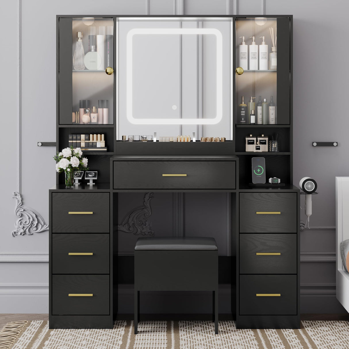 BORNOON Makeup Vanity with LARGE Lighted Mirror and Chair, 7 Drawers Vanity Makeup Desk Table with Power Strip, Adjustable Lighting, and Cushioned Storage Stool for Women, Girls, Teens, and Home Decor BORNOON