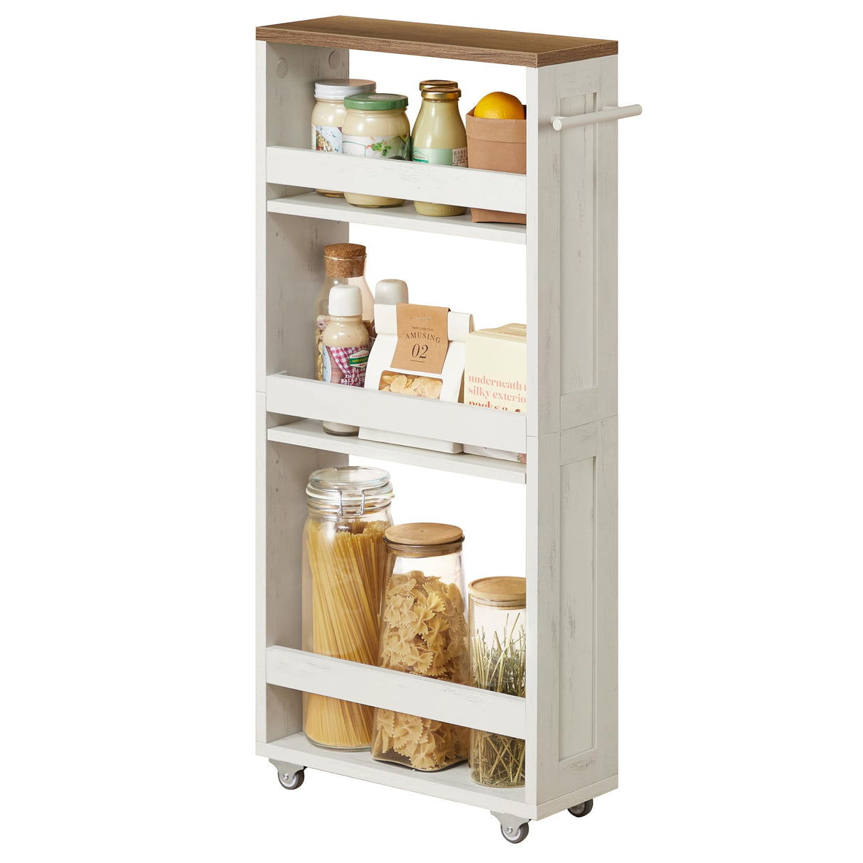 VASAGLE 4-Tier Slide-Out Storage Cart, Slim Kitchen Cart for Small Spaces, with Wheels, Handle, Bathroom, Laundry Room, 5.9 x 17 x 34.1 Inches, Rustic White and Honey Brown ULRC050K01 VASAGLE