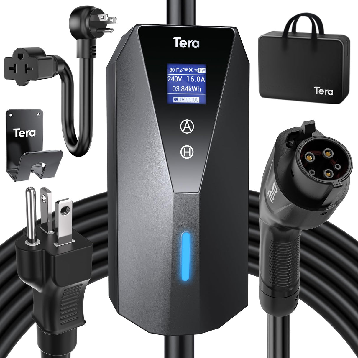 Tera Electric Vehicle Charger Portable: Level 2 & 1 J1772 16A 8A 110V 240V ETL NEMA 6-20 Plug Indoor & Outdoor EV Charging Station with NEMA 5-15 Adapter Cord 23FT Cable B08 Tera