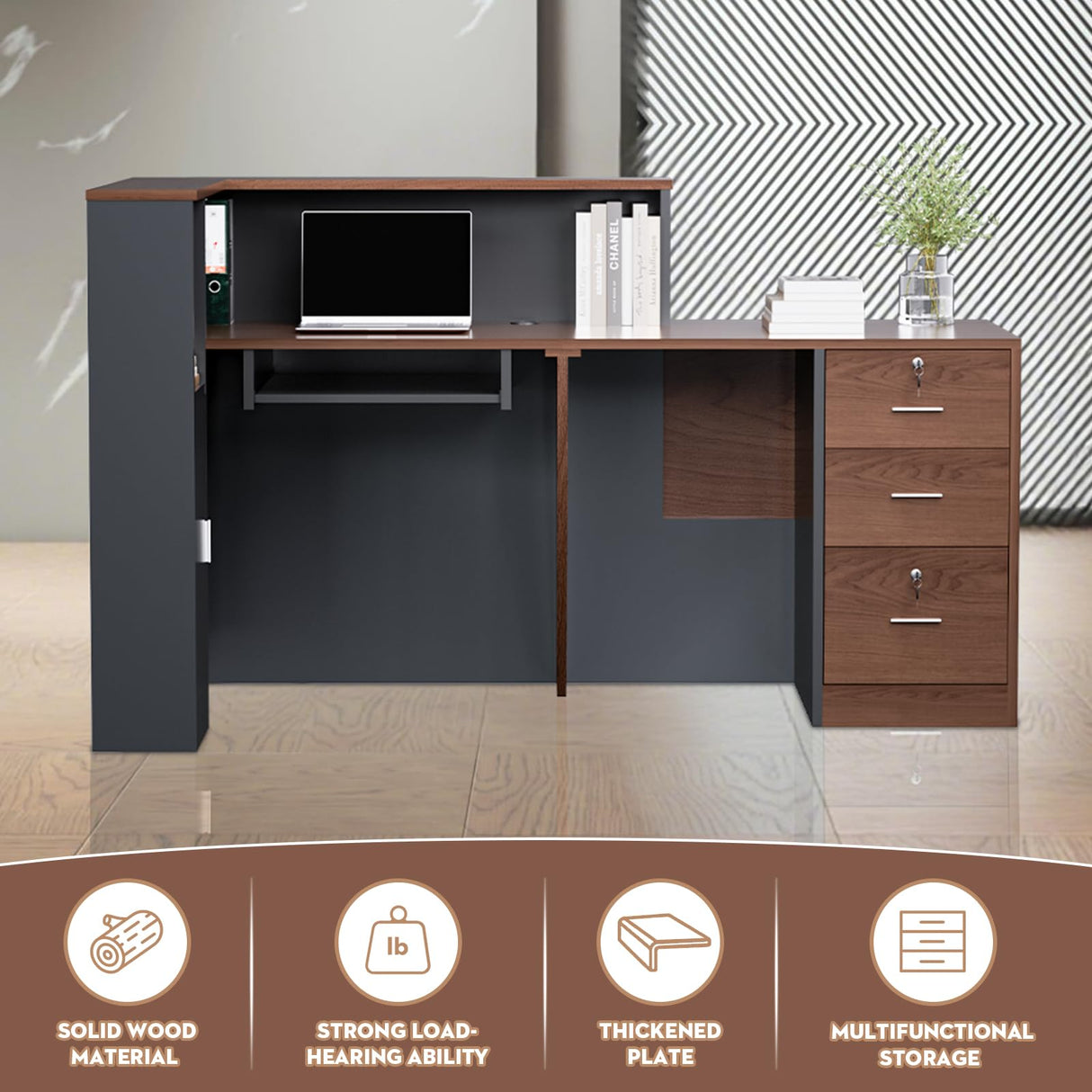 L-Shaped Large Wooden Reception Desk, Modern Front Desk Reception Counter with Lockable Drawers & Storage & Keyboard Tray, for Checkout, Lobby (Right-Walnut/Black, 71''L x 42''W x 41''H) Yorkgargen