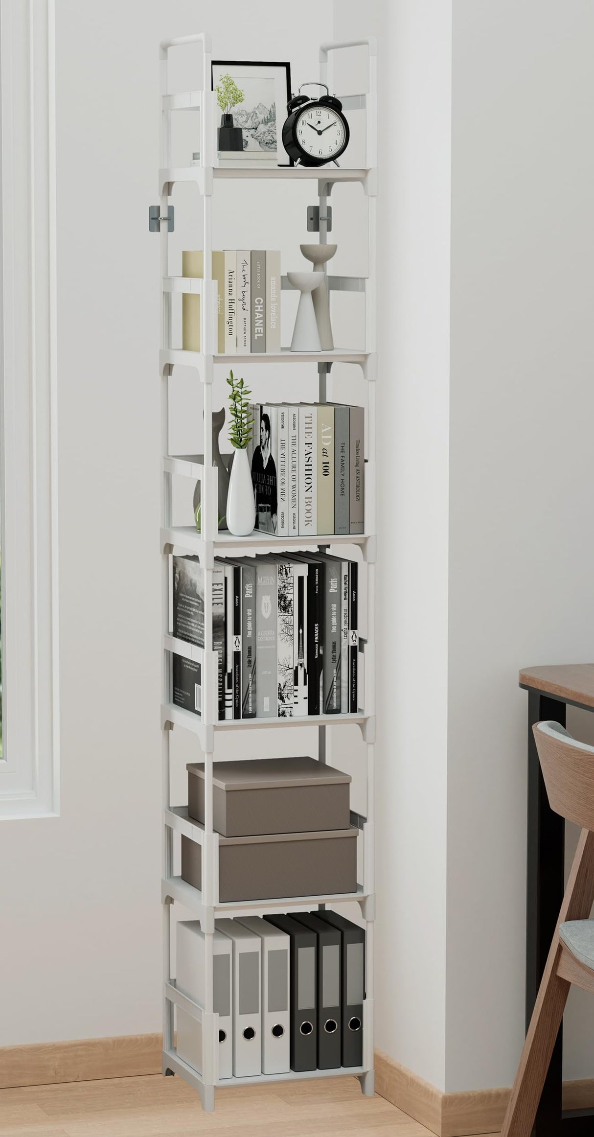 FIDUCIAL HOME 6 Tiers Tall Narrow Bookshelf Book Shelf Skinny White Bookcase Thin Slim Book Rack Storage Organizer Easy Assemble, Sturdy FIDUCIAL HOME