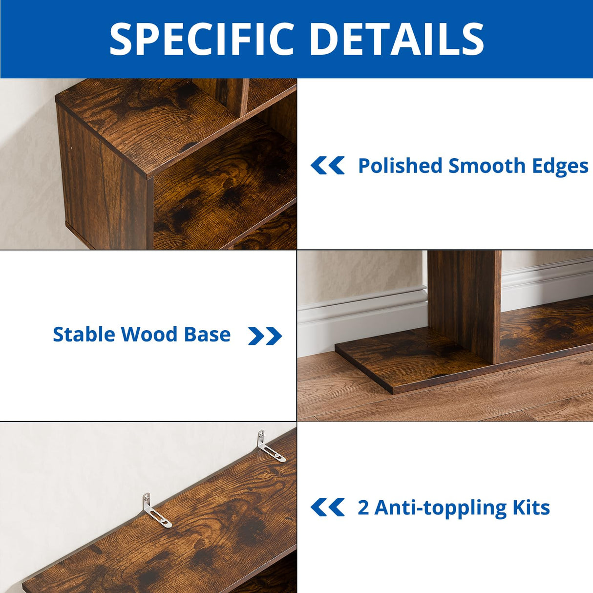 Cozy Castle Set of 2 Geometric Bookcase, S-Shaped Modern Bookshelf, Room Divider Bookshelf, 62" Tall Unique Abstract Bookcase with 5-Tier Display Shelf for Living Room Office, Rustic Brown Cozy Castle