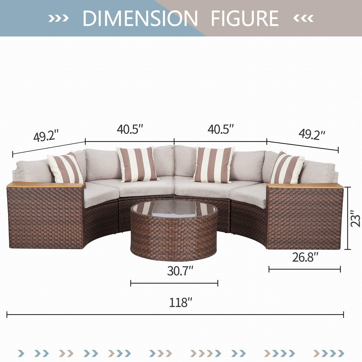SUNCROWN Outdoor Round Sofa 5-Piece Patio Half-Moon Sectional Sets All Weather Wicker Conversation Furniture with Round Table and Thick Cushion (Light Brown) SUNCROWN