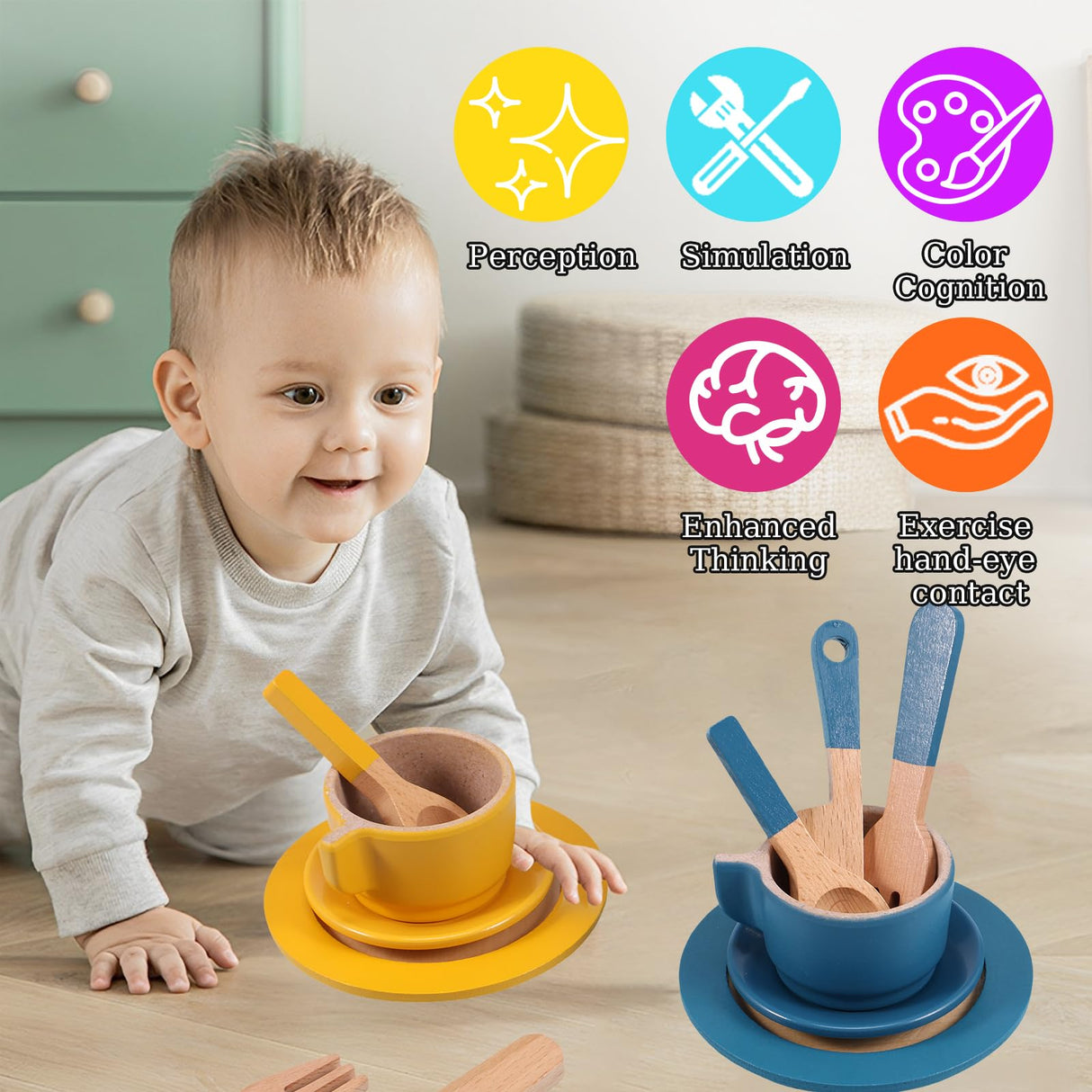 FALESOUL 26Pcs Wooden Toy Kitchen Dish Set, Toddler Plates and Cutlery Set Toy with Plates Cups Spoons, Toy Kitchen Accessories Kids Role Play Gift for Age 3+ Years FALESOUL