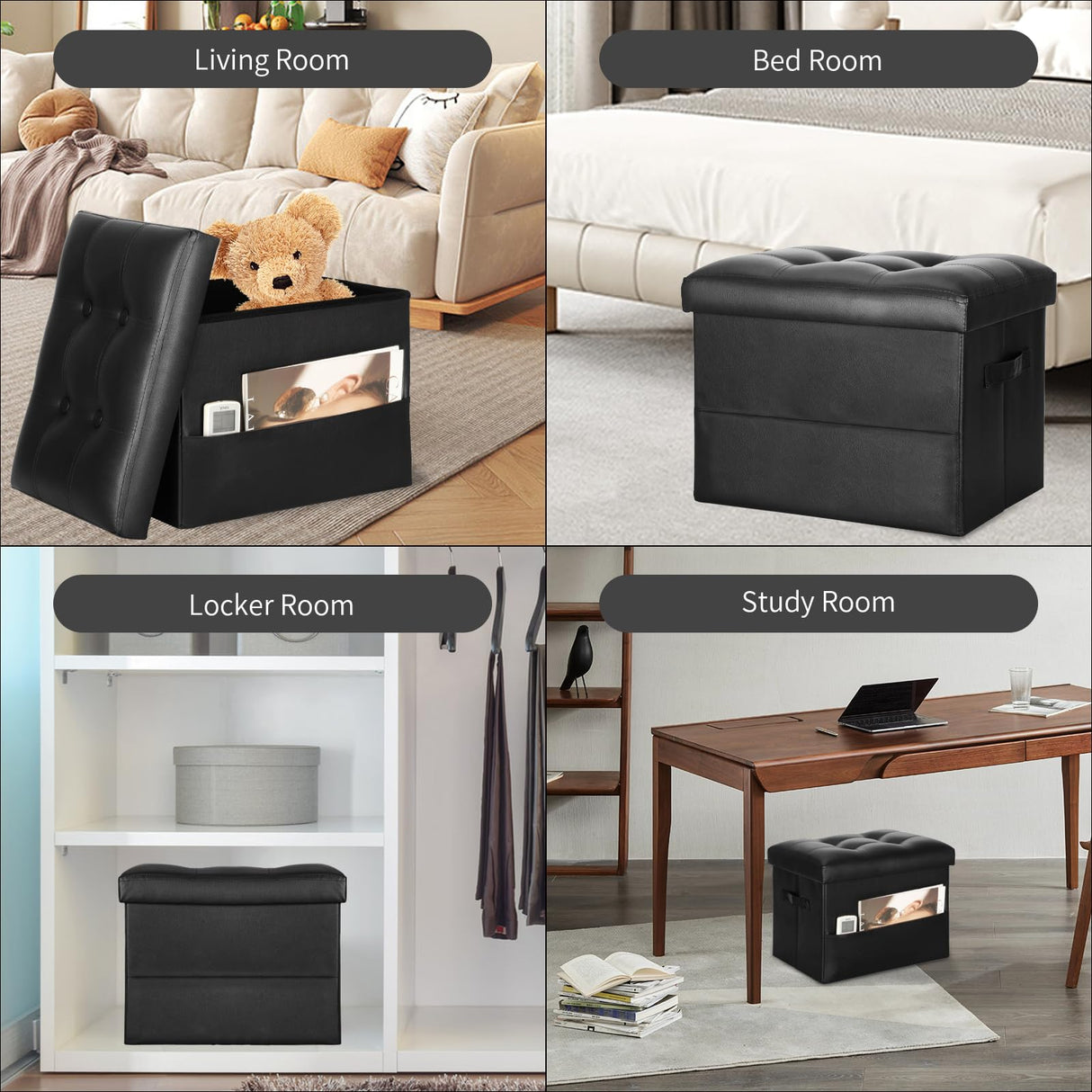 BelugaHelper Storage Ottoman Foot Rest Stool with Thicker Foam Padded Seat. Foldable Leather Footstool Bench. Small Ottoman with Storage for Living Room Bedroom Coffee Table 350 lbs, 17x13x13in, Black BelugaHelper