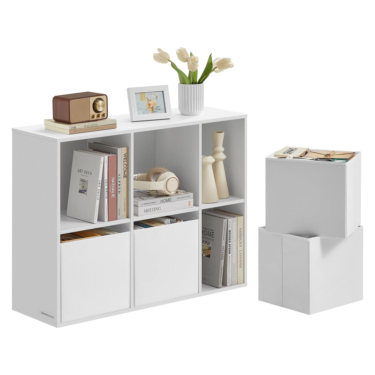 SONGMICS HOME Superfast Toolless Assembly, Bookshelf, Cube Storage Organizer, Shelving Unit, 6 Compartments, 4 Fabric Drawers, 10.6 x 32.7 x 24.3 Inches, Snow White ULBC196W01 SONGMICS HOME