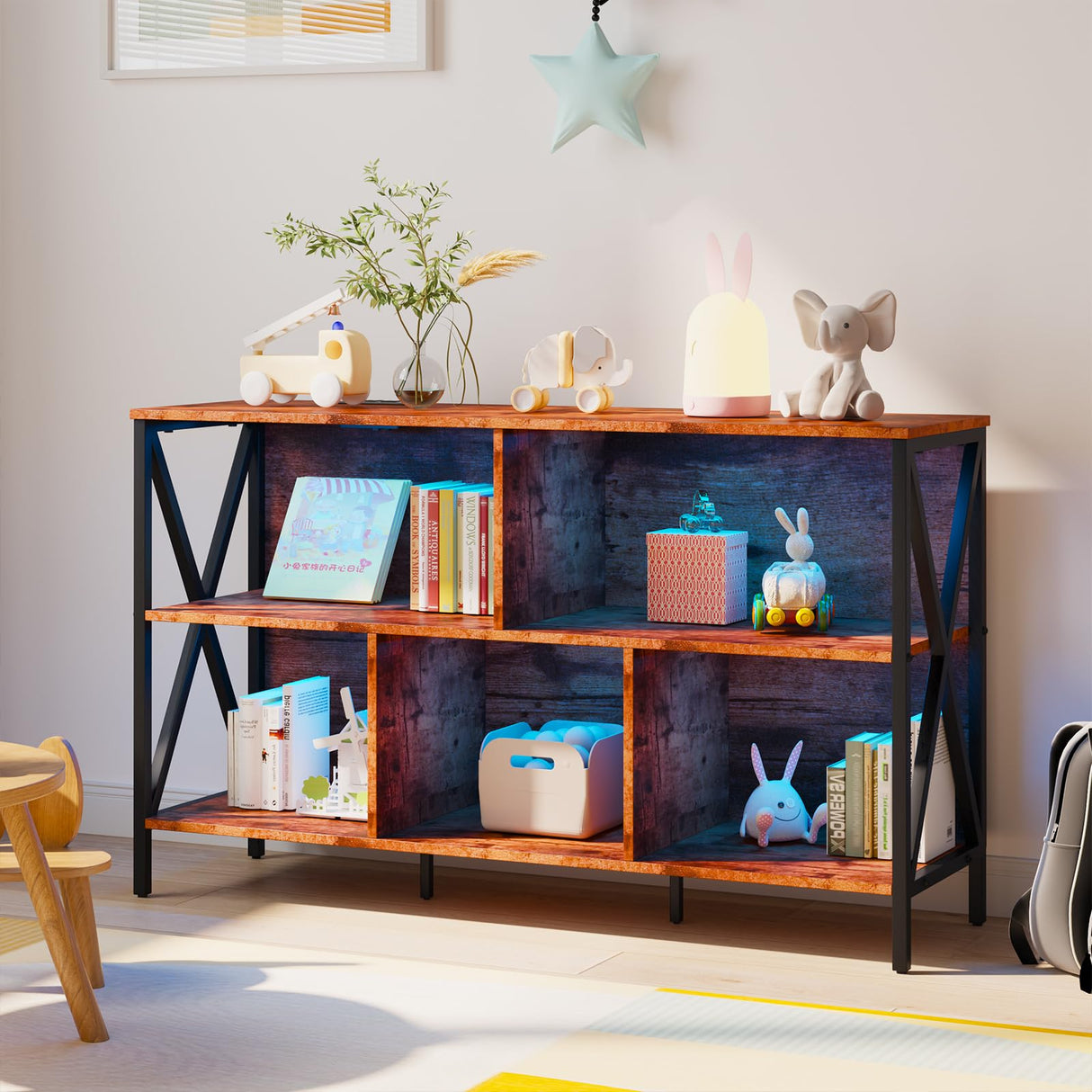 Horizontal Bookshelf,Industrial Modern 5 Cube Low Wide Cubby Bookcase with led Light,Long Wood and Metal Storage Organizer Open Shelf, Book Shelf Bedroom Storage for Home Office Living Room(Brown) Adompacat