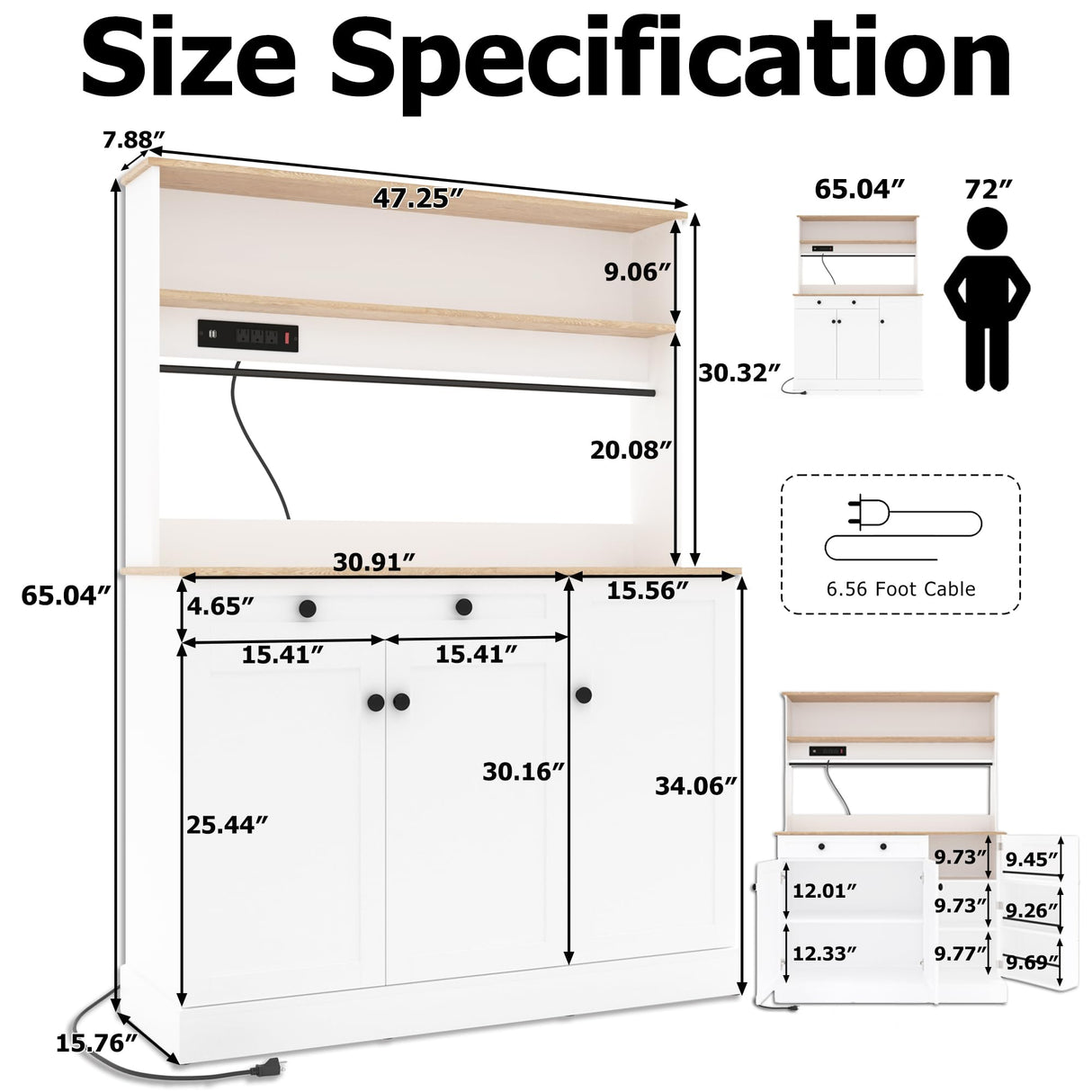 DEYAOPUPU Kitchen Pantry Cabinet,Kitchen Hutch Cabinet with Power Outlets,Doors and Adjustable Shelves,Freestanding Food Pantry with Large Storage Drawer for Dining Room, Living Room DEYAOPUPU