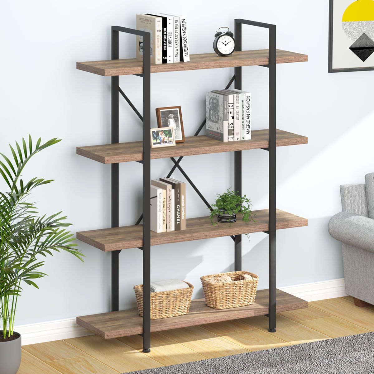 HSH Industrial 4-Tier Rustic Oak Bookshelf: Modern Metal & Wood Etagere for Versatile Home Storage HSH