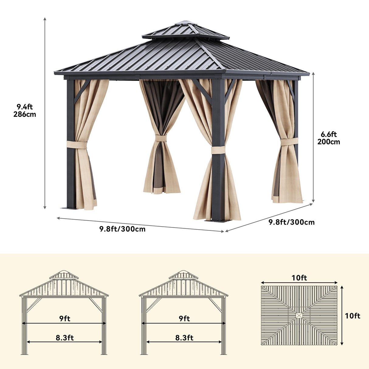 DWVO 10x10ft Hardtop Gazebo Double Roof with Nettings and Curtains, Heavy Duty Galvanized Steel Outdoor Vertical Stripes Roof for Patio, Backyard, Deck, Lawns, Brown DWVO