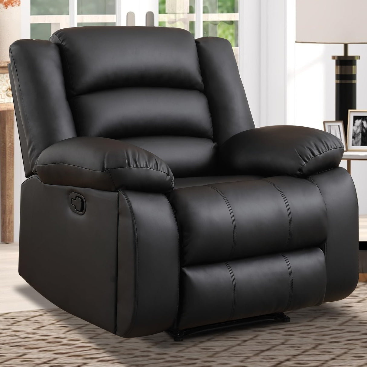EBELLO Faux Leather Manual Recliner Chair, Single Reclining Sofa Chair Couch with 2 Concealed Cup Holders, Overstuffed Armrest Backrest for Living Room, Bedroom, Meeting Room, Black EBELLO