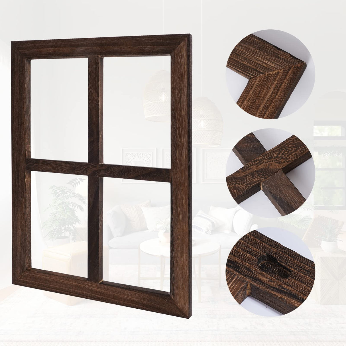 Rustic Wood Window Frame with Green Wreath and Arrows Wall Decor,Farmhouse Window Frame Hanging Decor,Wooden Fake Decoration,Window Pane Wall Decor,Set of 2 (Brown) WAKOSAN