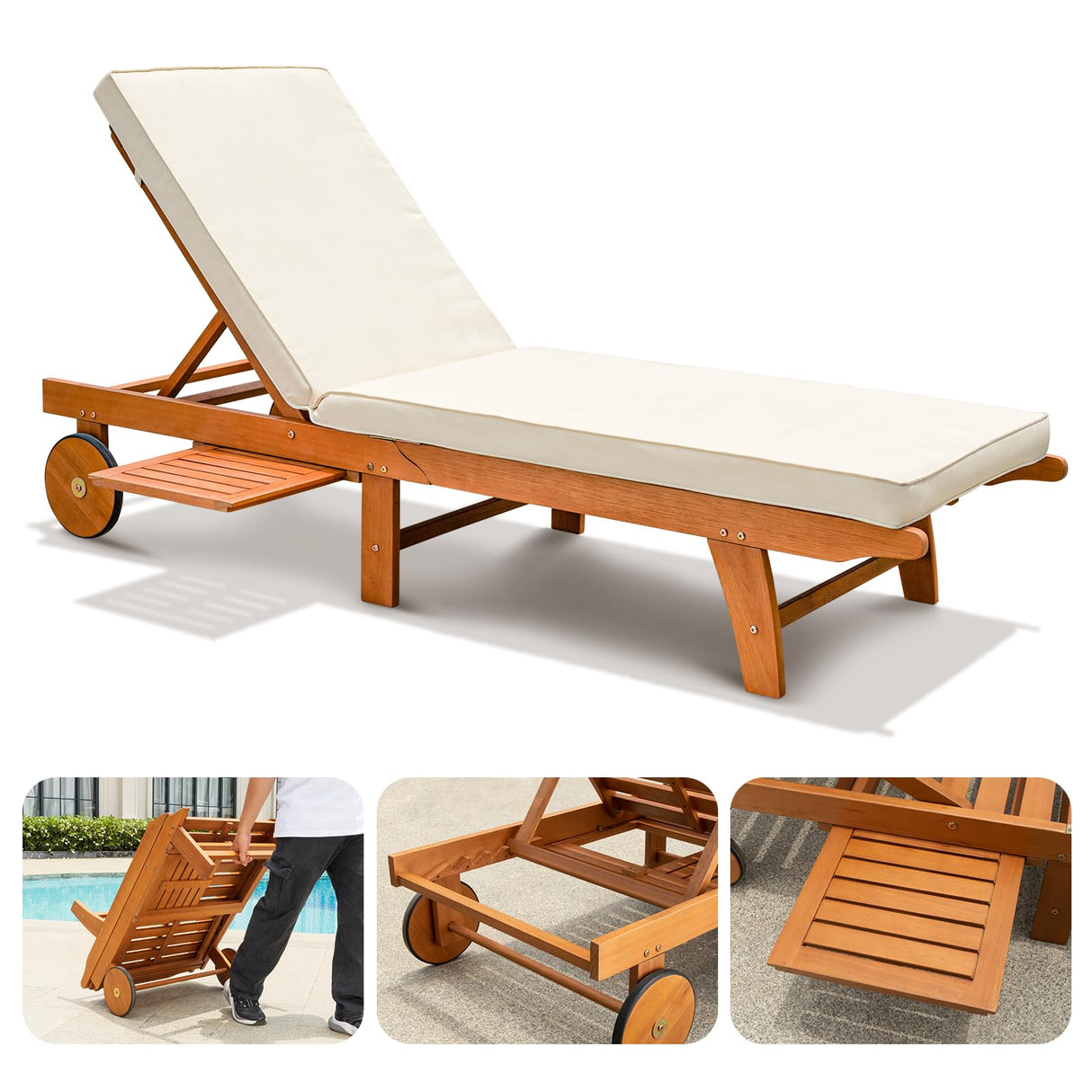 IDZO Upgraded Cushion Outdoor, 500lbs Capacity Patio Pool Loungers, Stackable and Foldable Design, Reclining Backrest, Federica Wood Chaise Lounge_Brown IDZO