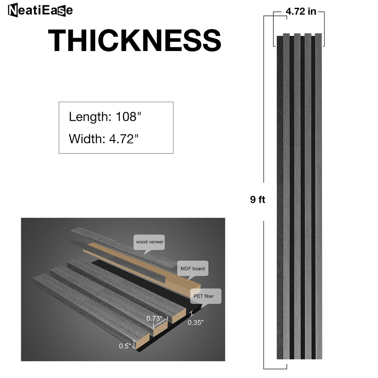 NeatiEase Wood Wall Panels, 9 Feet Acoustic Slat Wall Panels for Interior Wall Decor and Noise Reduction, Decorative Slat Wall Paneling, Dark Gray Oak, 4-Piece NeatiEase