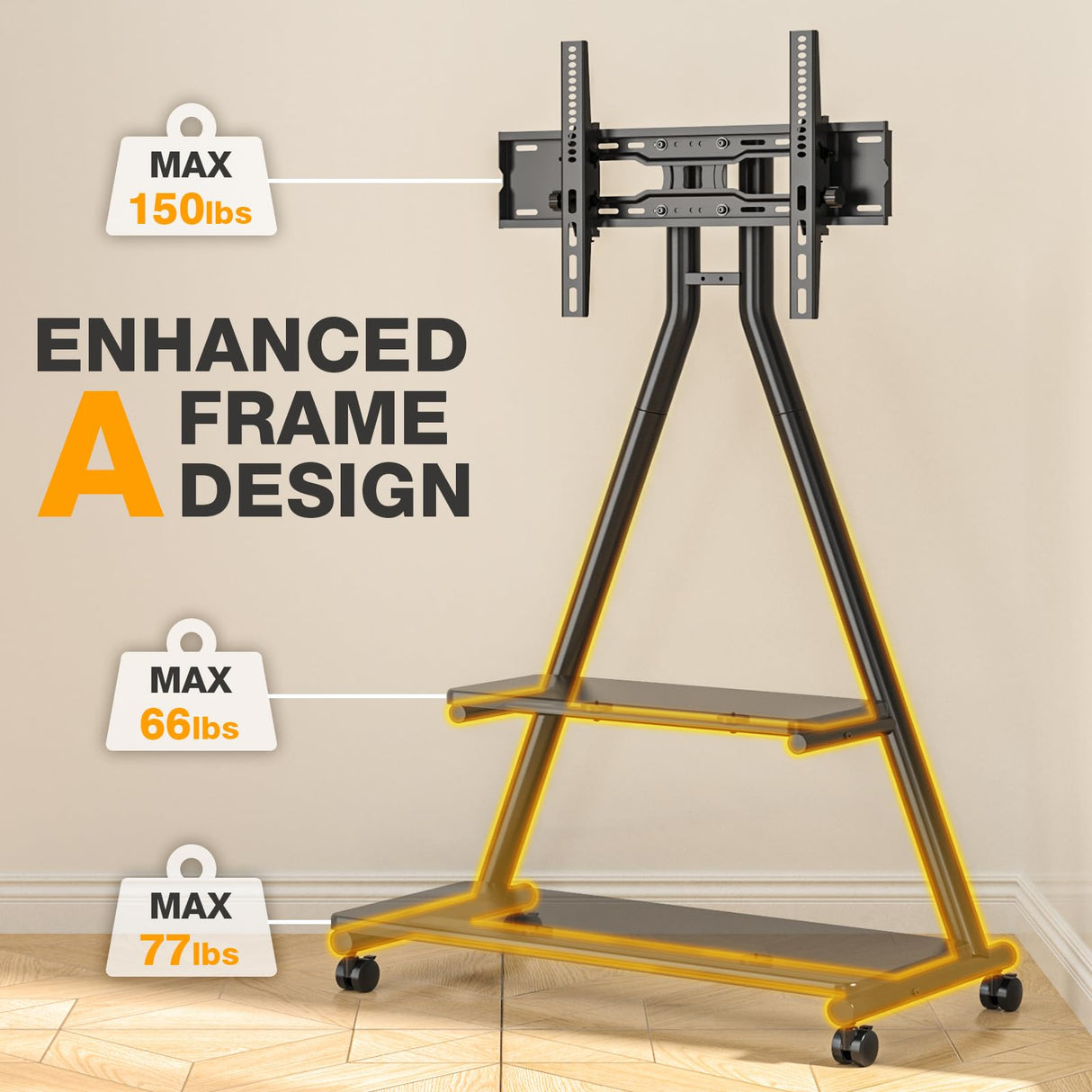 TVON Rolling TV Stand for 43-80" TVs up to 150lbs, Portable TV Stand on Wheels with Enhanced Triangular Design, Height Adjustable Mobile TV Stand with Swivel/Tilt/Dual Shelves for Indoor/Outdoor Use TVON