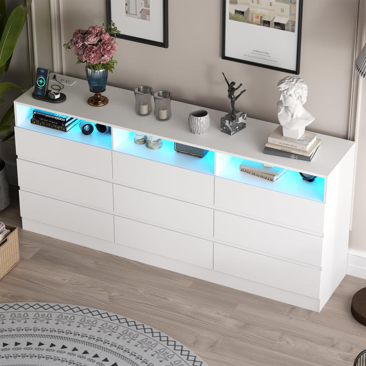 Loomie 9 Drawer Dresser with Power Outlet, Modern Chest of Drawers with LED Light, Long Wide Drawer Dresser Organizer Cabinet with 3 Open Cubbies for Bedroom, Living Room,Entryway (White) Loomie