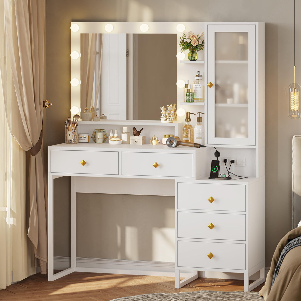 Tiptiper Makeup Vanity Desk with Mirror and Lights & Charging Station, White Vanity Table with 5 Storage Drawer & Glass Door & 3 Shelves for Bedroom, Modern White Tiptiper