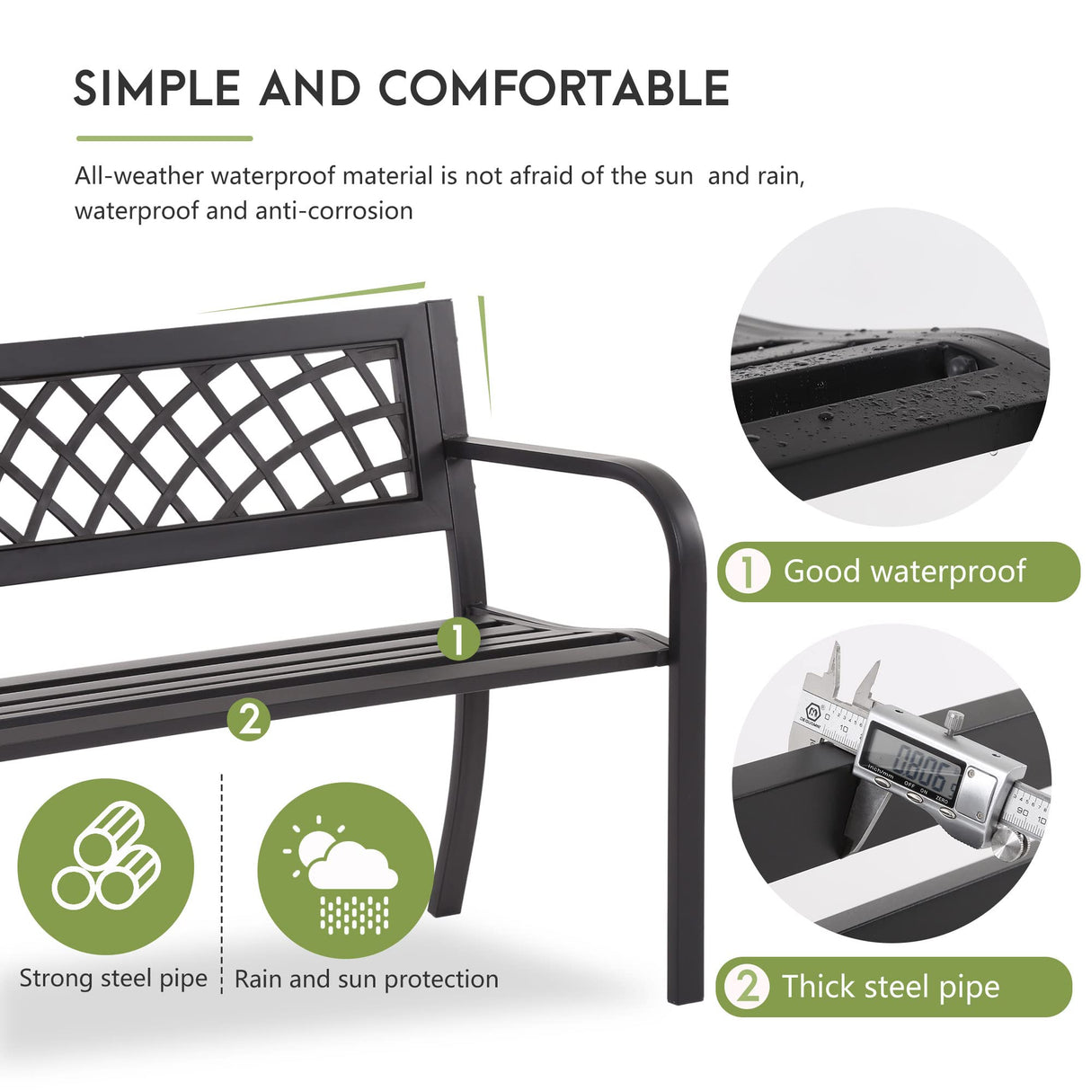 Ruesleag Garden Bench,Metal Outdoor Bench Park Bench with Plastic Mesh Backrest Armrests Sturdy Steel Frame for Patio Yard Porch Entryway Black Ruesleag