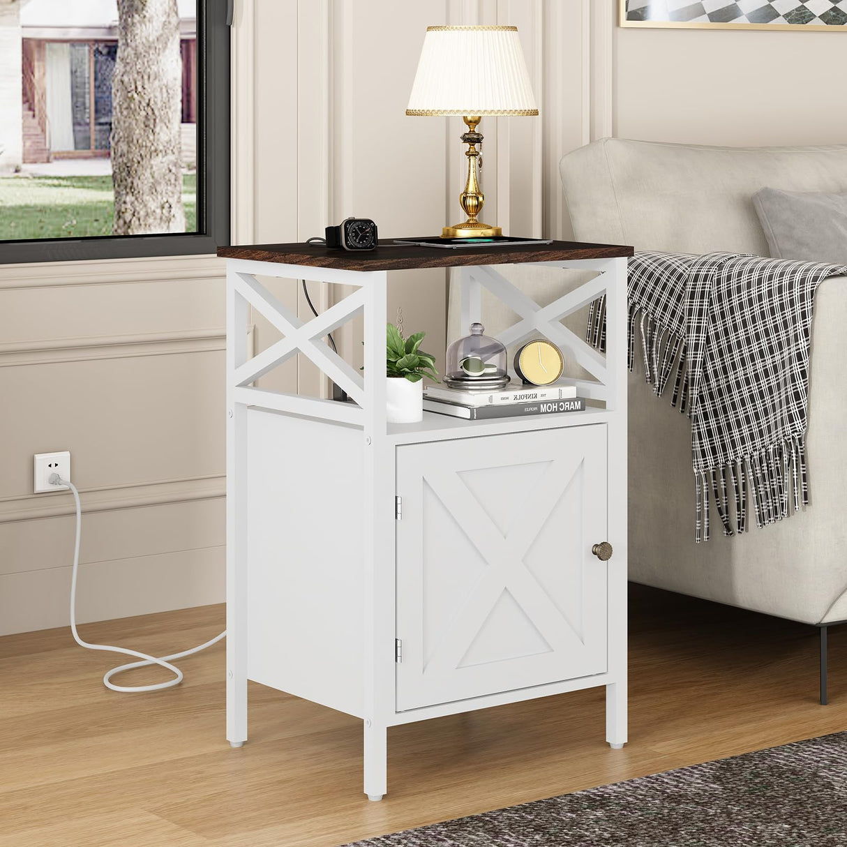 FFBCFDK End Table with Charging Station, Side Table with Power Outlet & USB Ports, Nightstand with 2 Tiers Storage Space and Storage Cabinet, Sofa Side Tables for Bedroom, Living Room,Office, White FFBCFDK