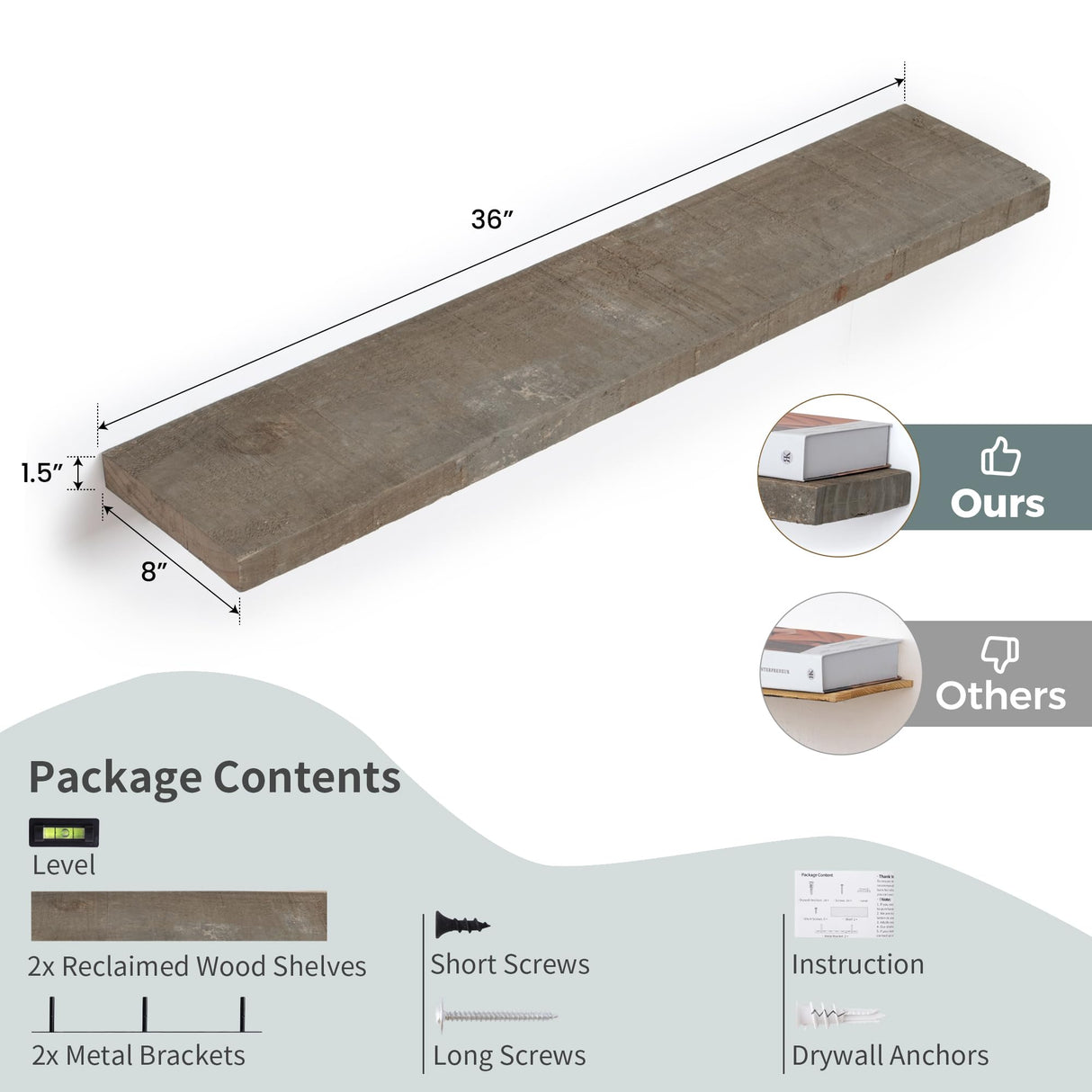 FLYJOE Floating Shelves | 8" Deep Rustic Reclaimed Barnwood Wall Hanging Shelves with Invisible Heavy-Duty Metal Bracket | Wall Mounted | Farmhouse Style | 36 inches, 2 PCs, Distressed Grey FLYJOE