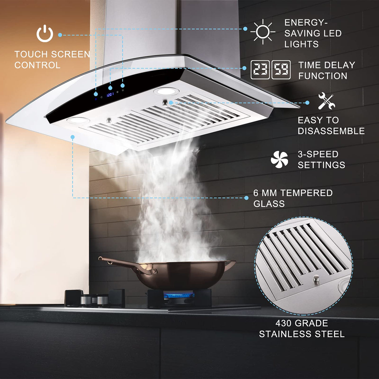 Range Hood 30 Inch, Tieasy Wall Mount Kitchen Hood with Ducted/Ductless Convertible Duct, Stainless Steel Chimney and Baffle Filters, Touch Control Fan Timer, LED Lights, 3 Speed Fan Tieasy