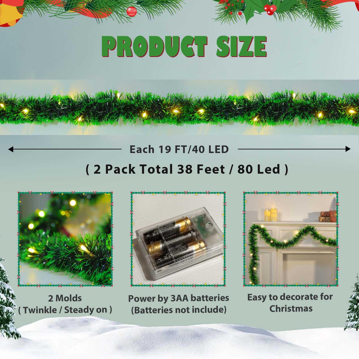 2 Pack Christmas Garland with Lights, Total 38 Feet 80 Led Battery Operated Pre-Lit Long Garland for Stairs Railing Fireplace Mantle Office Door Frame Decor Green Greenery Indoor Outdoor Decorations UZKEW