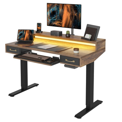 FEZIBO 48 x 24 Inch Height Adjustable Electric Standing Desk with Double Drawers&Keyboard Tray, Stand Up Desk with LED Strips&Stand,Rustic Brown