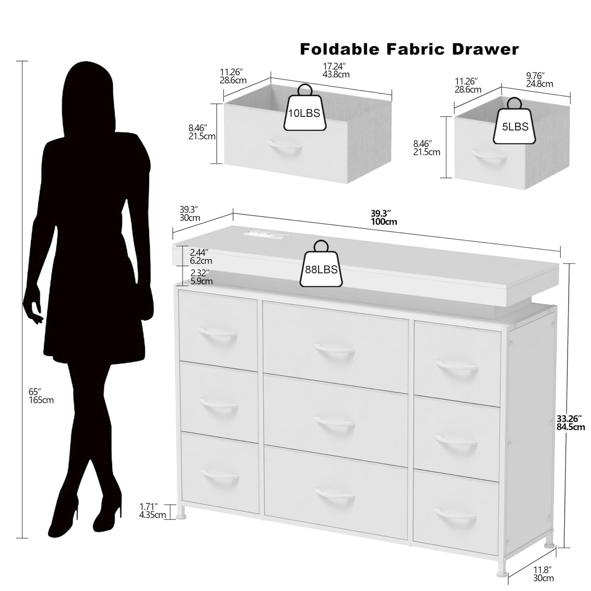 Tohomeor TV Stand 9 Drawer Dresser with Power Outlet LED Lights, Modern Chest of Drawers Fabric Drawers with PU Finish Small TV Console Table Dresser for Living Room (White, 9 Drawers) Tohomeor