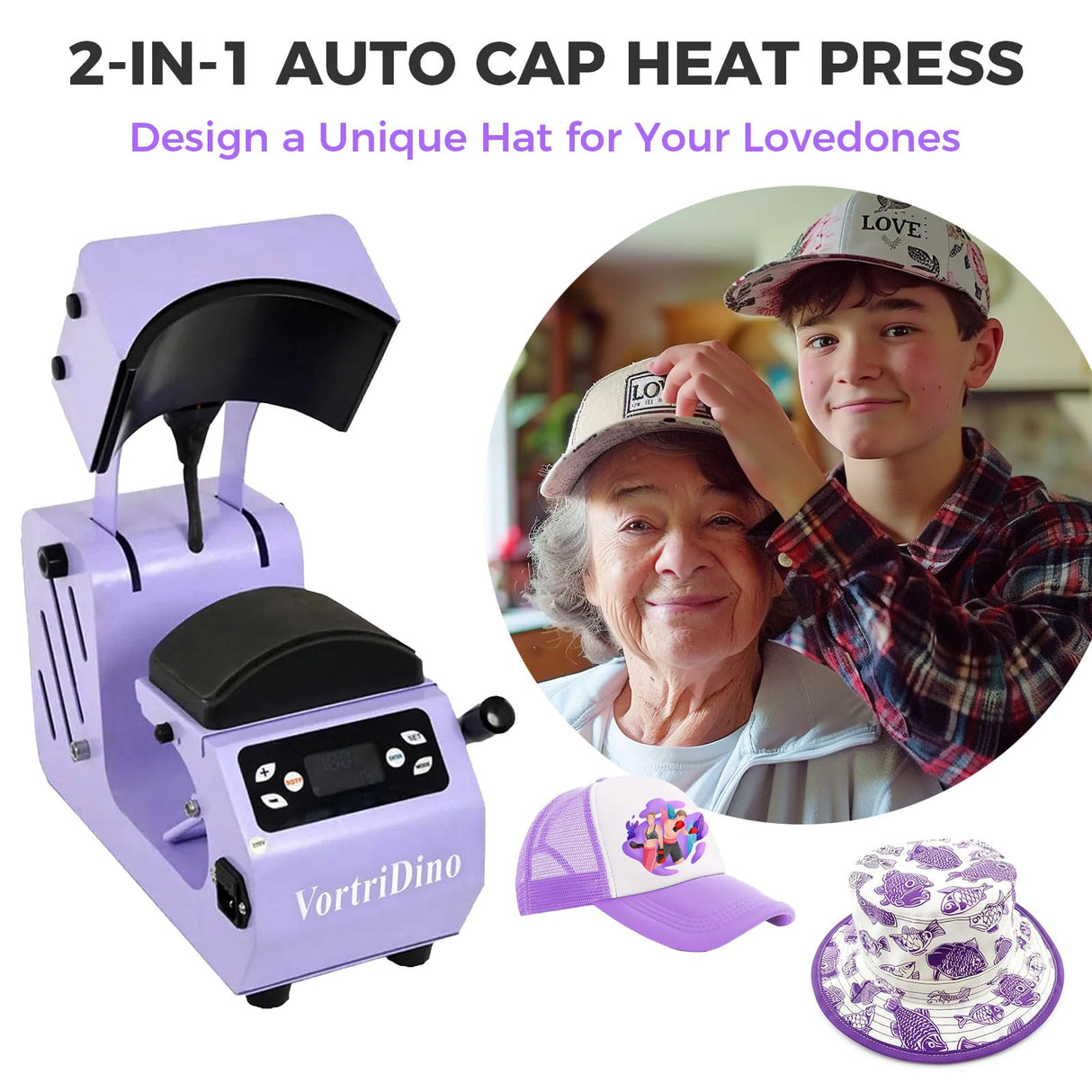 Generic VortriDino 2-in-1 Hat Heat Press Machine Automatic Hat Easy Heat Press Machine for Caps with 2pcs Interchangeable Platens (Kids&Adult) WoodArtSupply