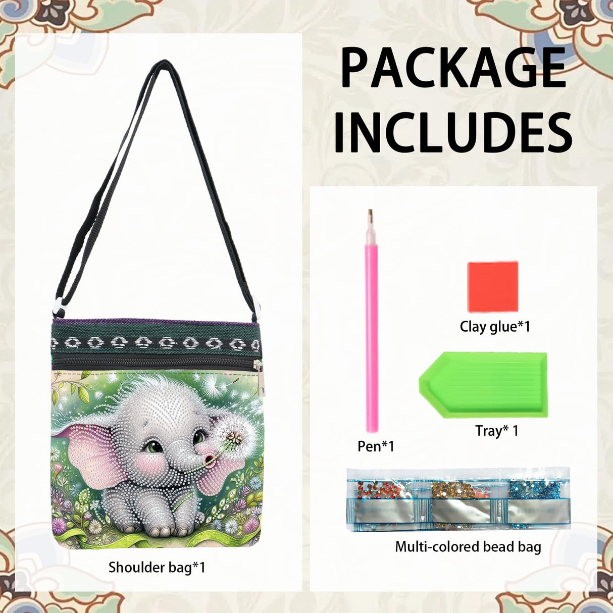 Diamond Painting Shoulder Bag, DIY 5D Elephant and dandelion Pattern Diamond Art Artificial Crystal Special Shape Crystal Artificial Partial Mosaic Crafts Adjustable shoulder strap Shoulder Bag MVVMTOP