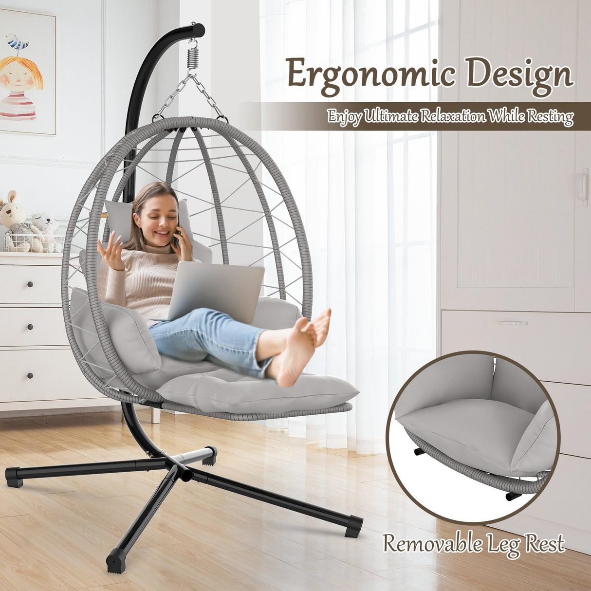 ZENPETIO Hanging Egg Chair with Stand, Removable Leg Rest, UV Resistant Cushion & Pillow, 370lbs Capacity – Indoor & Outdoor Use, Rattan Wicker Swing Egg Chair for Patio, Bedroom, Balcony, Gray ZENPETIO