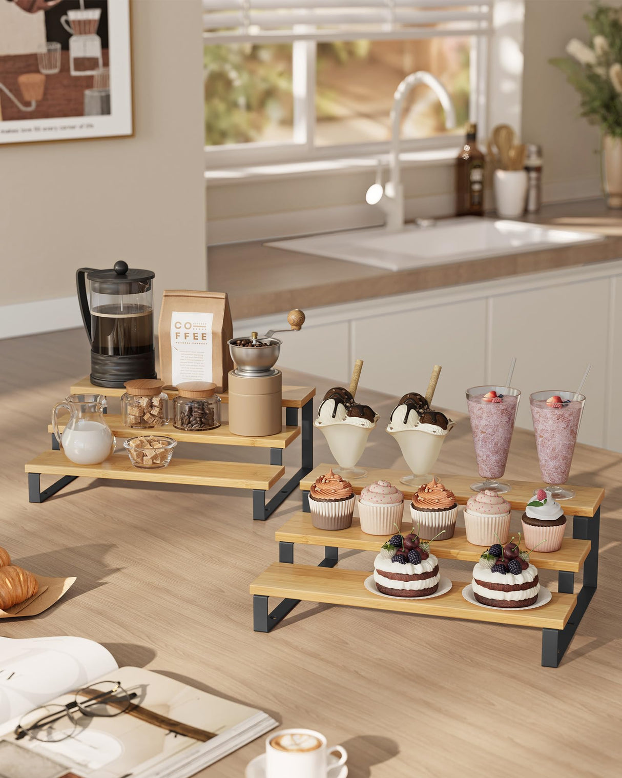 SONGMICS Display Risers, Set of 2 Engineered Wood Perfume Organizer Stand, 3-Tier Cupcake Stand Holder, Spice Rack, Shelf Risers for Figures, Dessert Shelves, Natural Beige and Ink Black UKCS016N01 SONGMICS