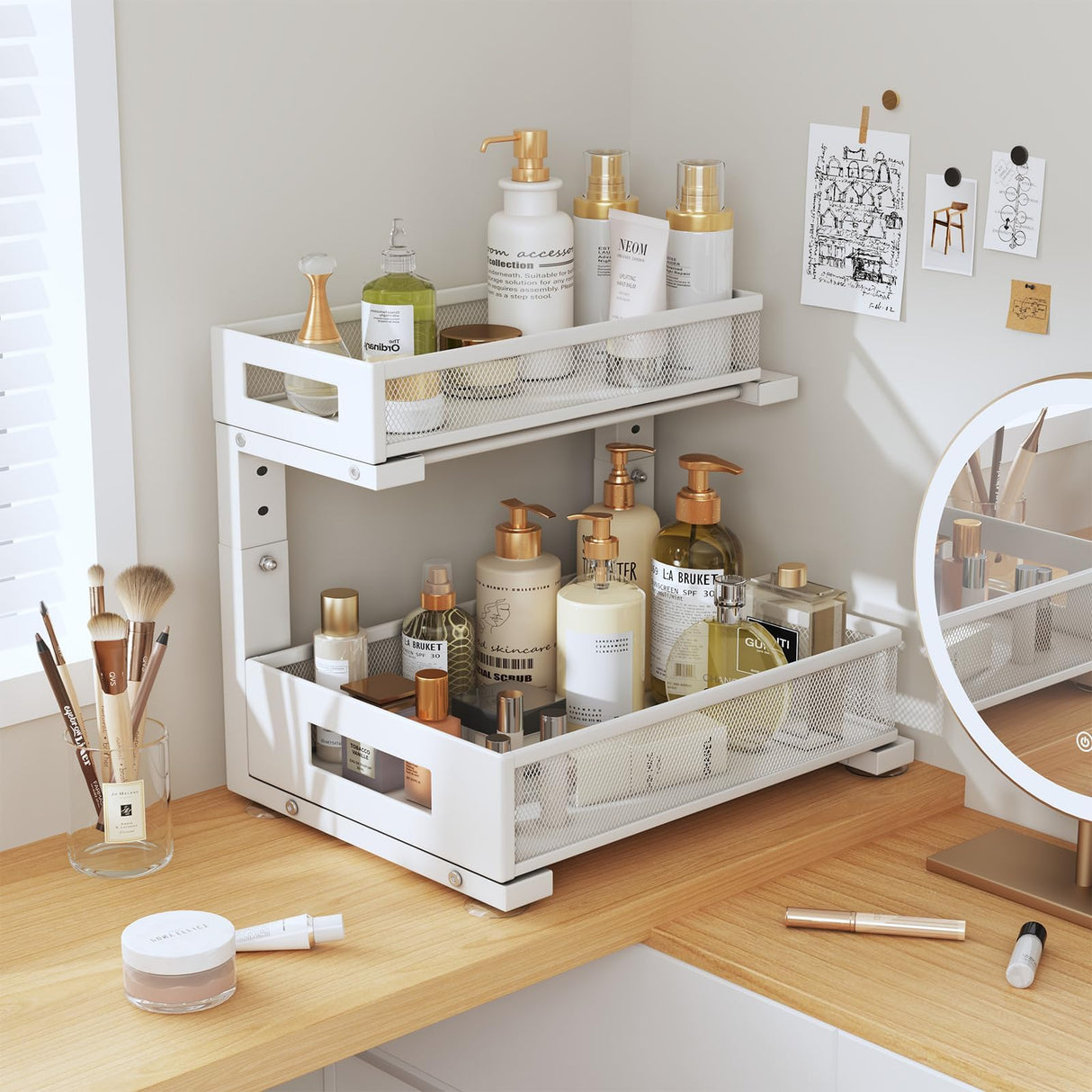 2-Pack Under Sink Storage Organizer, Large 2-Tier Elegant Mesh Pull Out Shelf for Kitchen and Bathroom Cabinet Organization, L-Shaped and Adjustable Height Design for Maximum Space Efficiency-White Biboraya