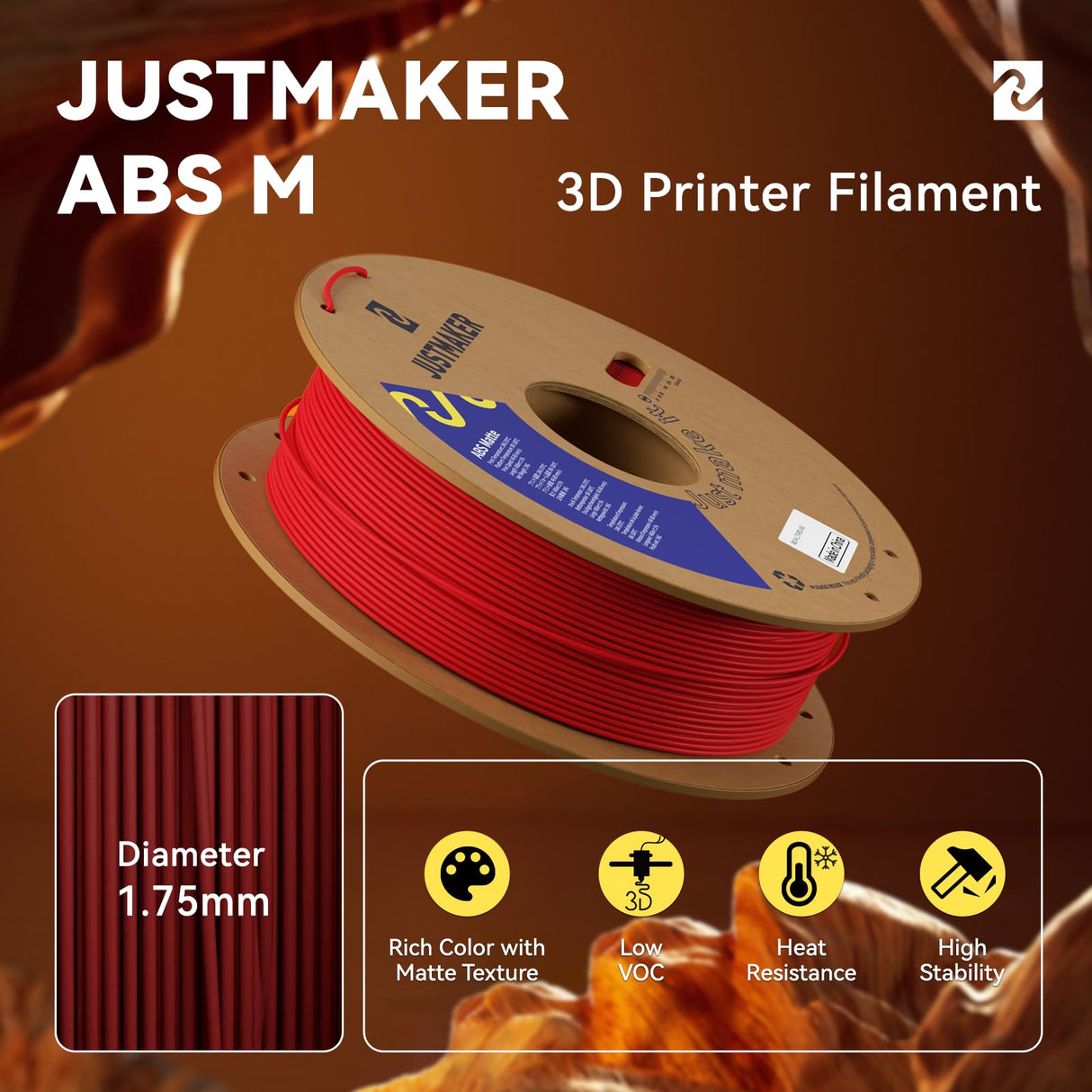 JUSTMAKER ABS Matte 3D Printer Filament, Upgraded Strength Heat Resistant Filament, Matte Surface with Cardboard Spool, Dimensional Accuracy +/-0.03mm, 1.75mm, 1 kg (2.2 lbs), Black JUSTMAKER