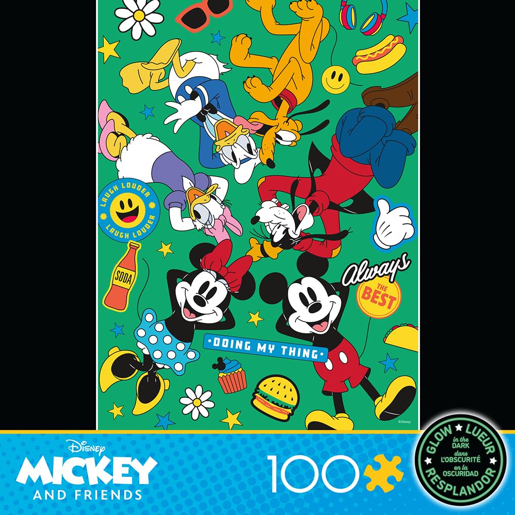 Ceaco - Disney - Mickey and Friends - Mickey Party of Six - Glow in The Dark -100 Piece Jigsaw Puzzle Ceaco