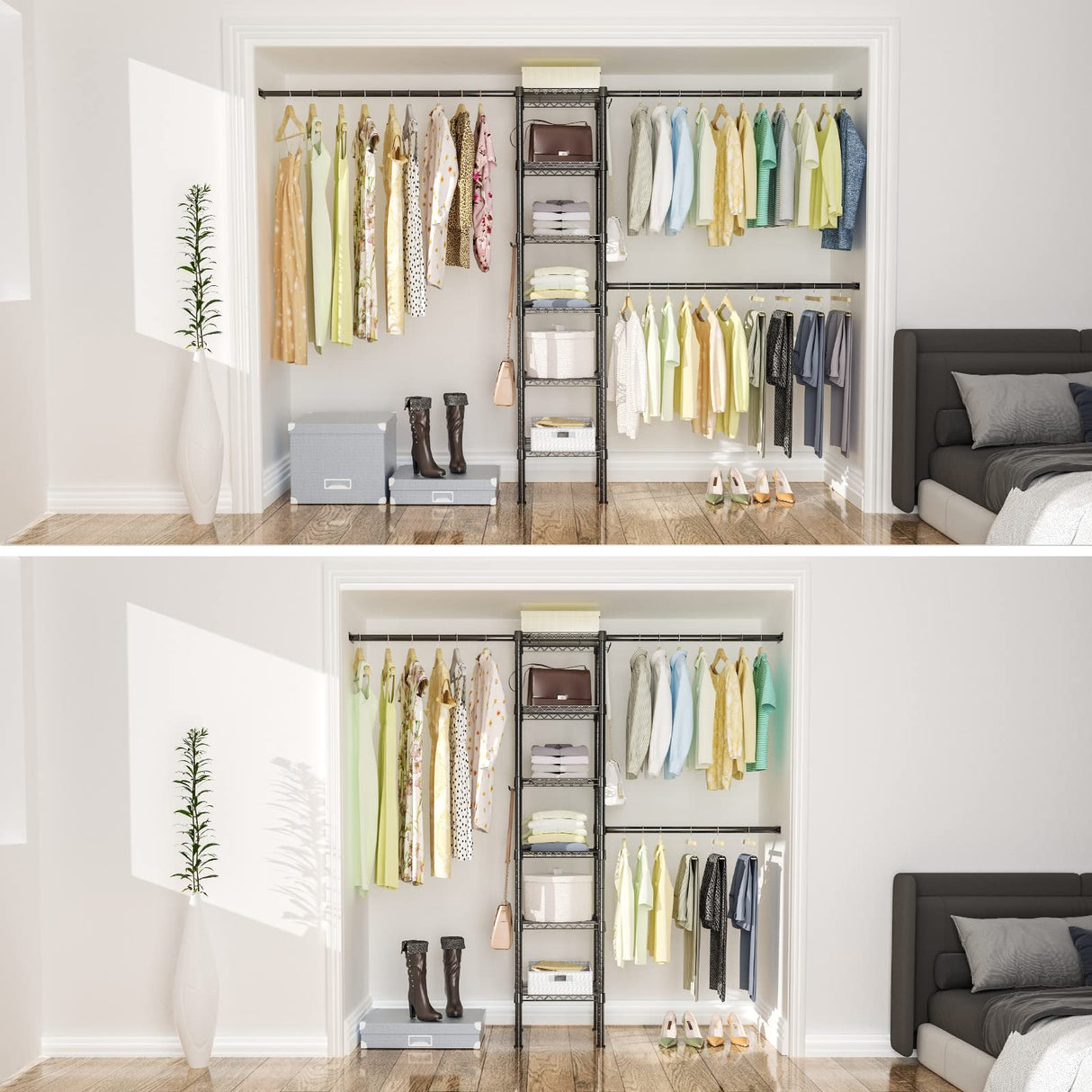 Ulif M1 Closet Storage Organizer System, 6 Tiers Heavy Duty Metal Garment Rack with 3 Expandable Hanger Rods, Wall Mounted Space Saver Suits from 5.4-8.7 ft. Width, 71.2”H x 14”D, 700LBS, Black Ulif